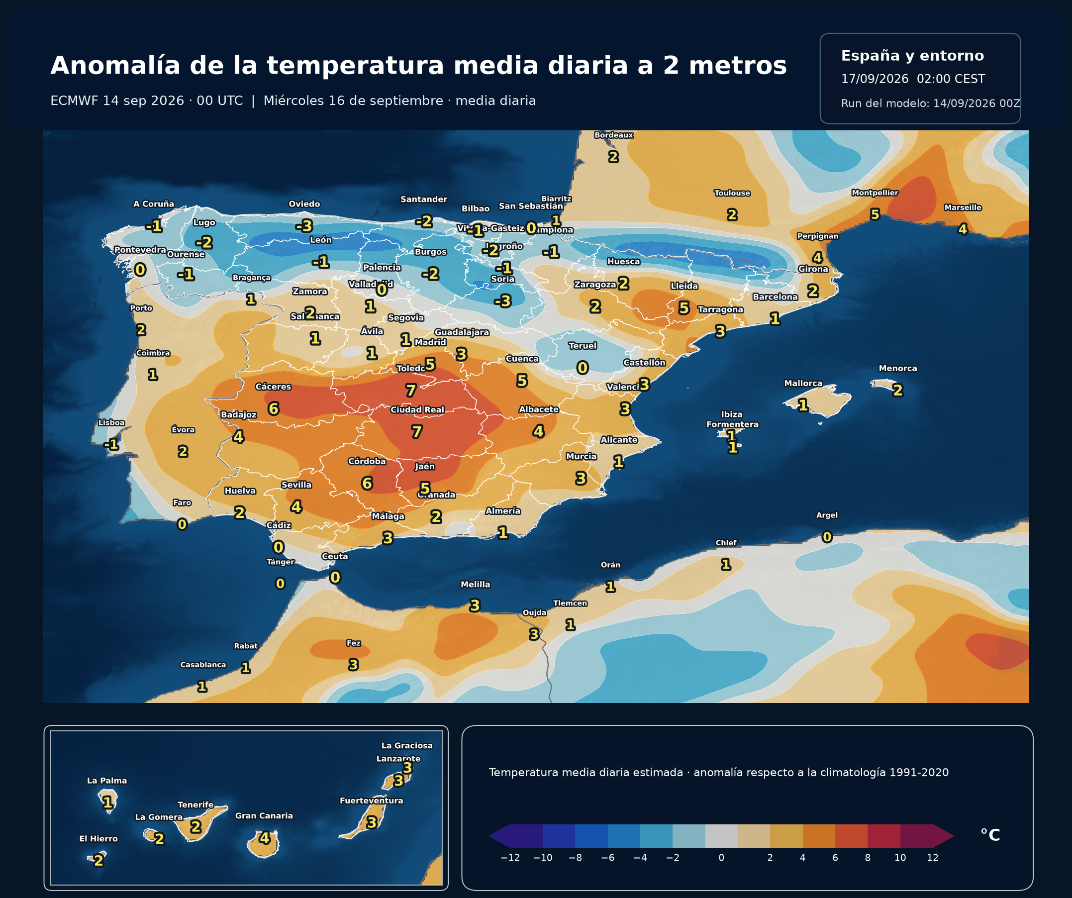 Anomalías de la temperatura media diaria en España para el miércoles 16 de septiembre respecto a 1991-2020