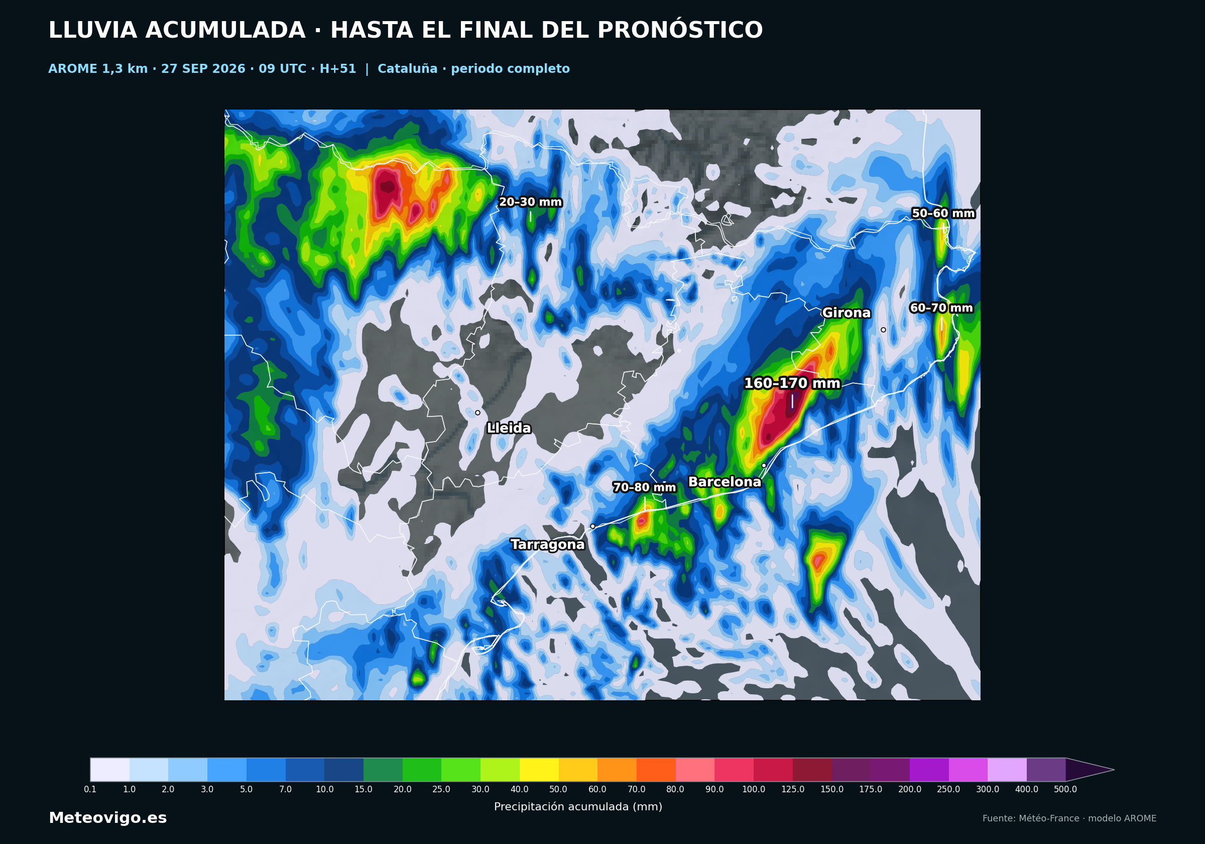 Precipitación acumulada prevista por AROME en Cataluña entre el 27 y el 29 de septiembre de 2026