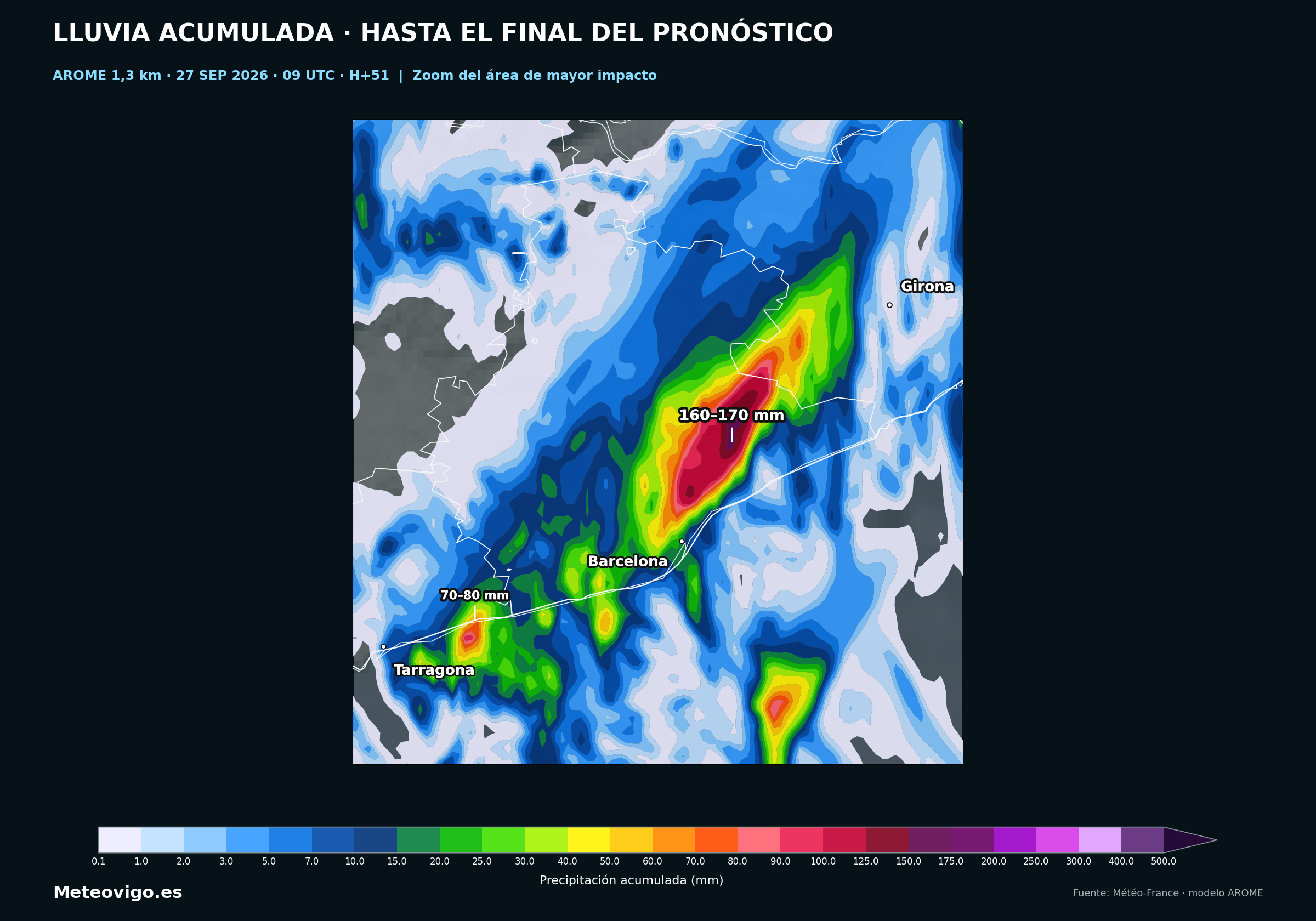Zoom de la lluvia acumulada prevista por AROME en Barcelona, Tarragona y Girona hasta el martes 29 de septiembre