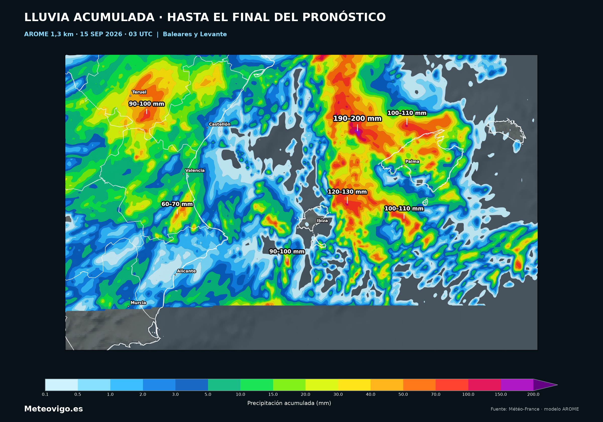 Ampliación de las lluvias y tormentas previstas por AROME en Baleares y Levante hasta el jueves