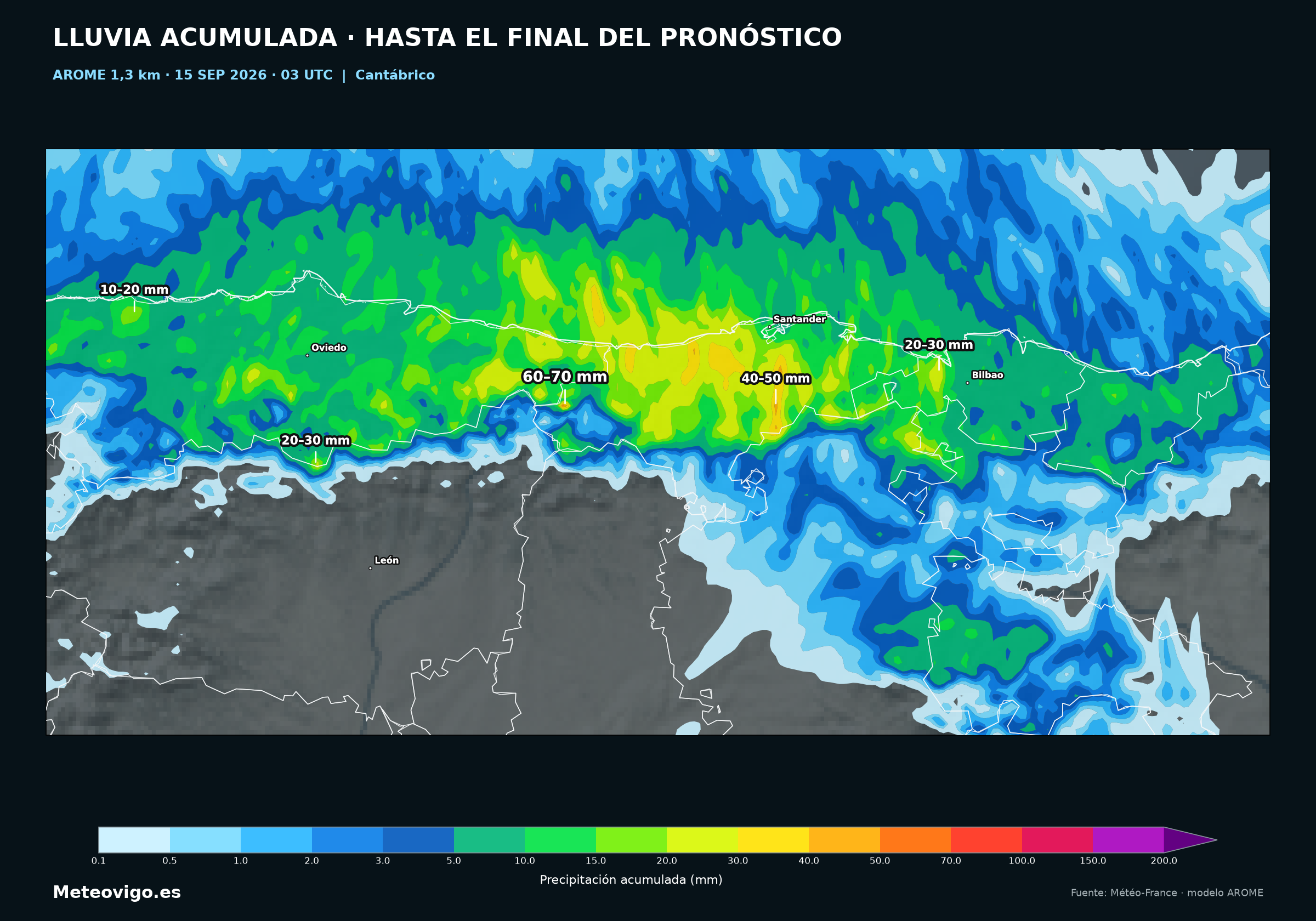 Ampliación de las lluvias previstas por AROME en Asturias, Cantabria y el País Vasco hasta el jueves