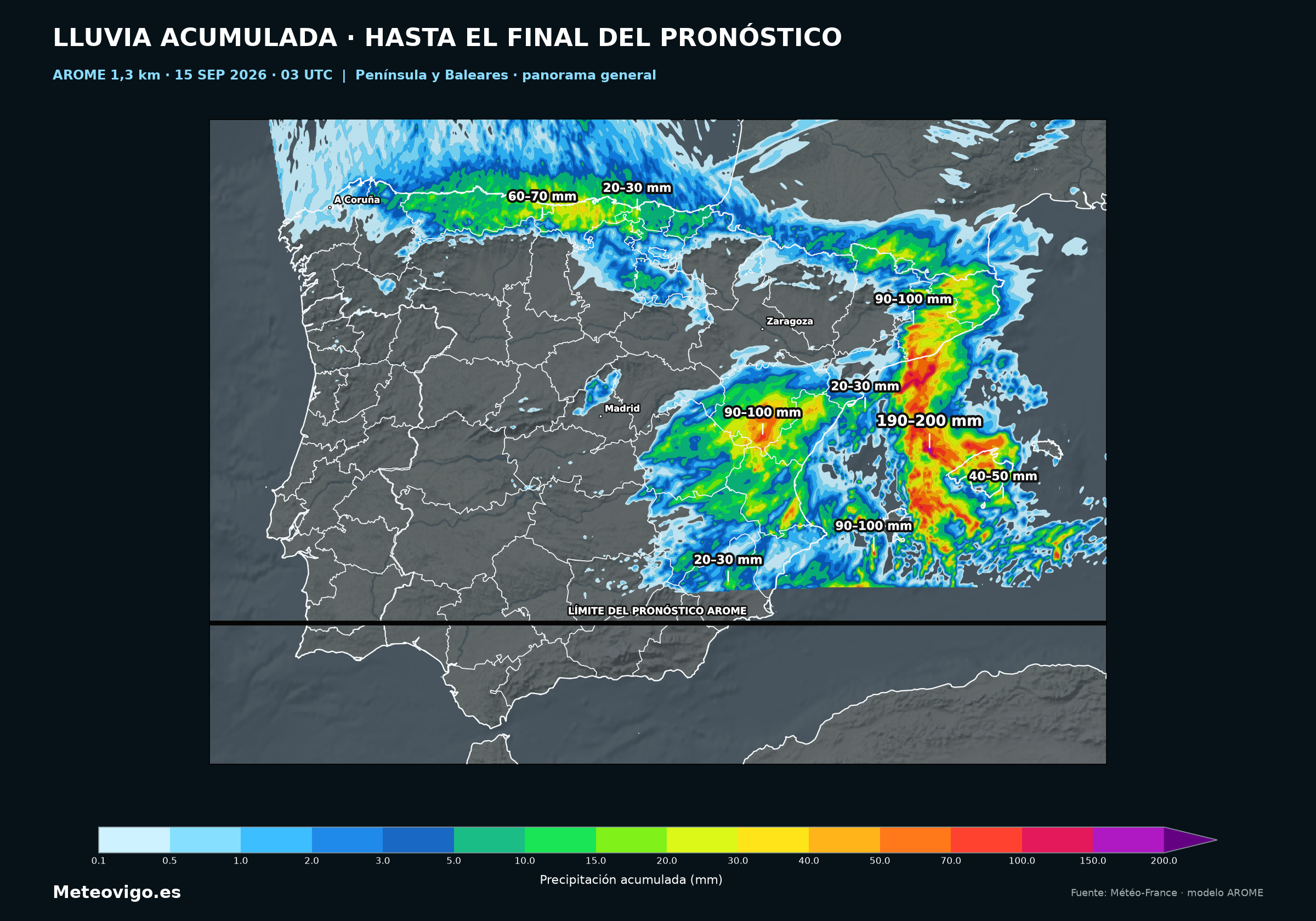 Mapa general de precipitación acumulada del modelo AROME en España hasta el jueves 17 de septiembre de 2026