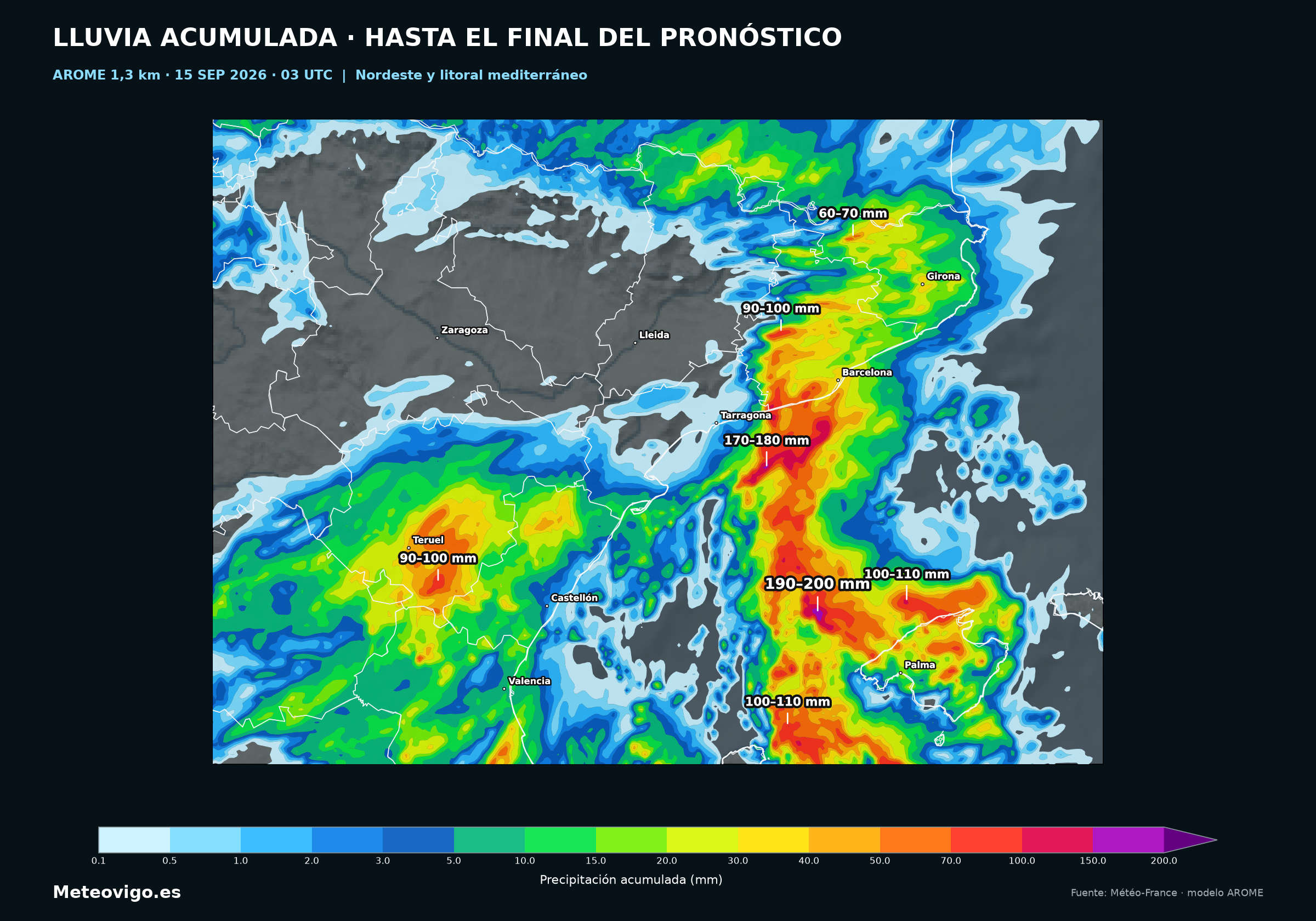 Ampliación de las lluvias previstas por AROME en Cataluña, Aragón y el litoral mediterráneo hasta el jueves