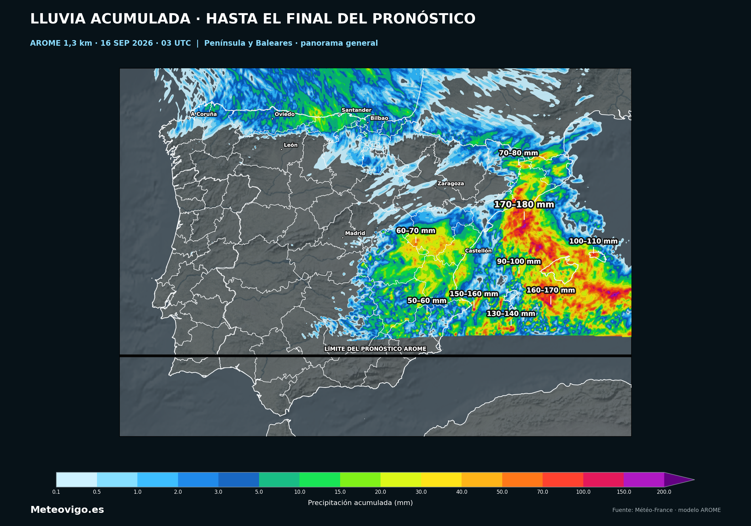 Mapa general de precipitación acumulada prevista por AROME en la Península y Baleares hasta el viernes 18 de septiembre de 2026