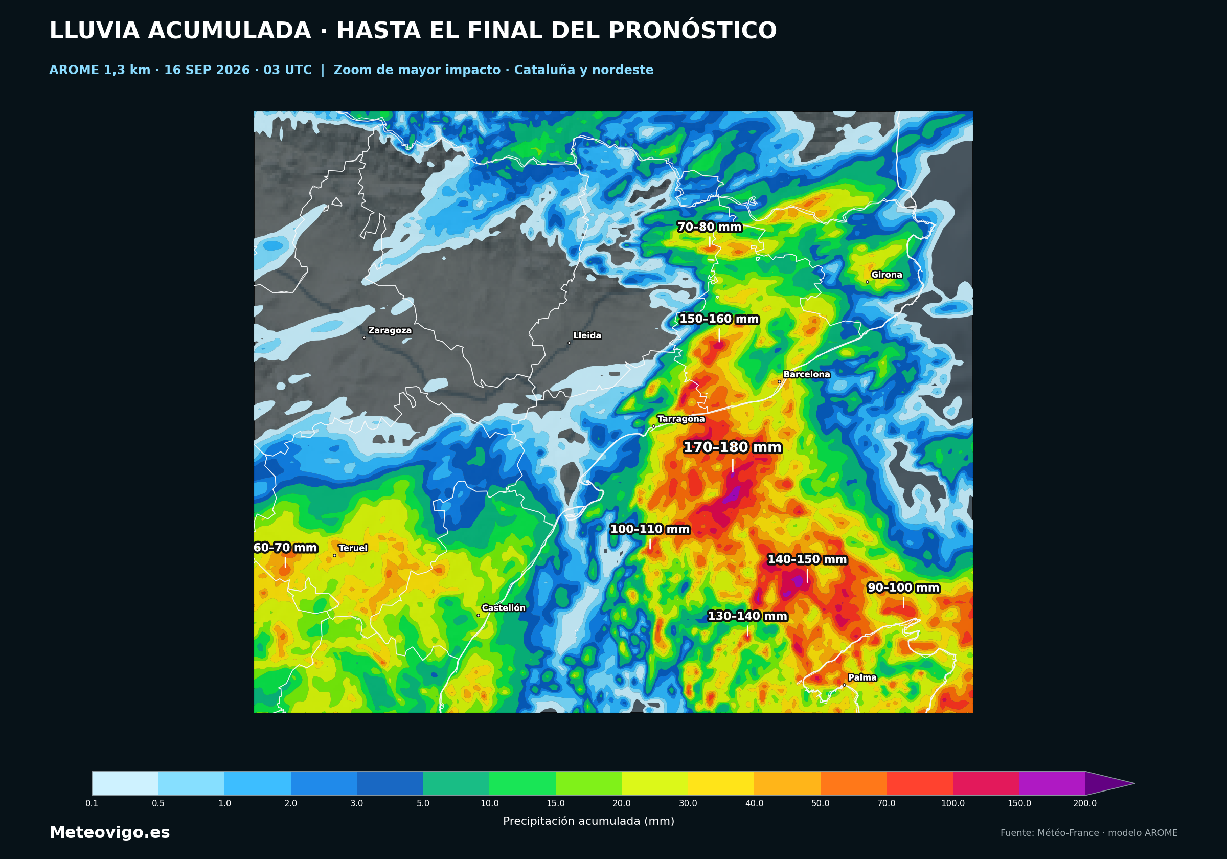 Ampliación AROME de las lluvias y tormentas previstas en Cataluña, Baleares y el nordeste hasta el viernes