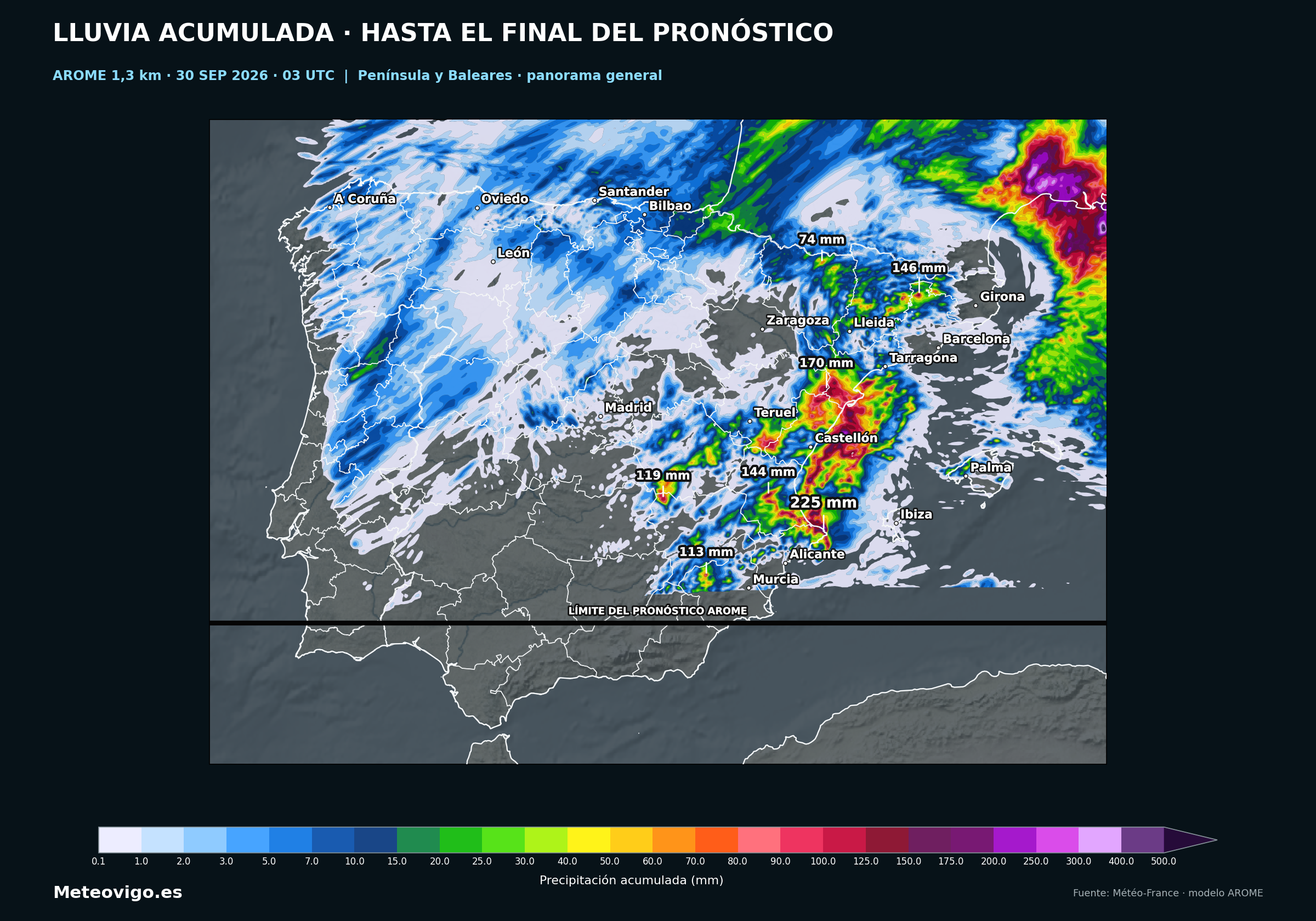 Mapa general de lluvia acumulada prevista por AROME desde el 30 de septiembre hasta la ma&ntilde;ana del 2 de octubre de 2026 en la Pen&iacute;nsula y Baleares