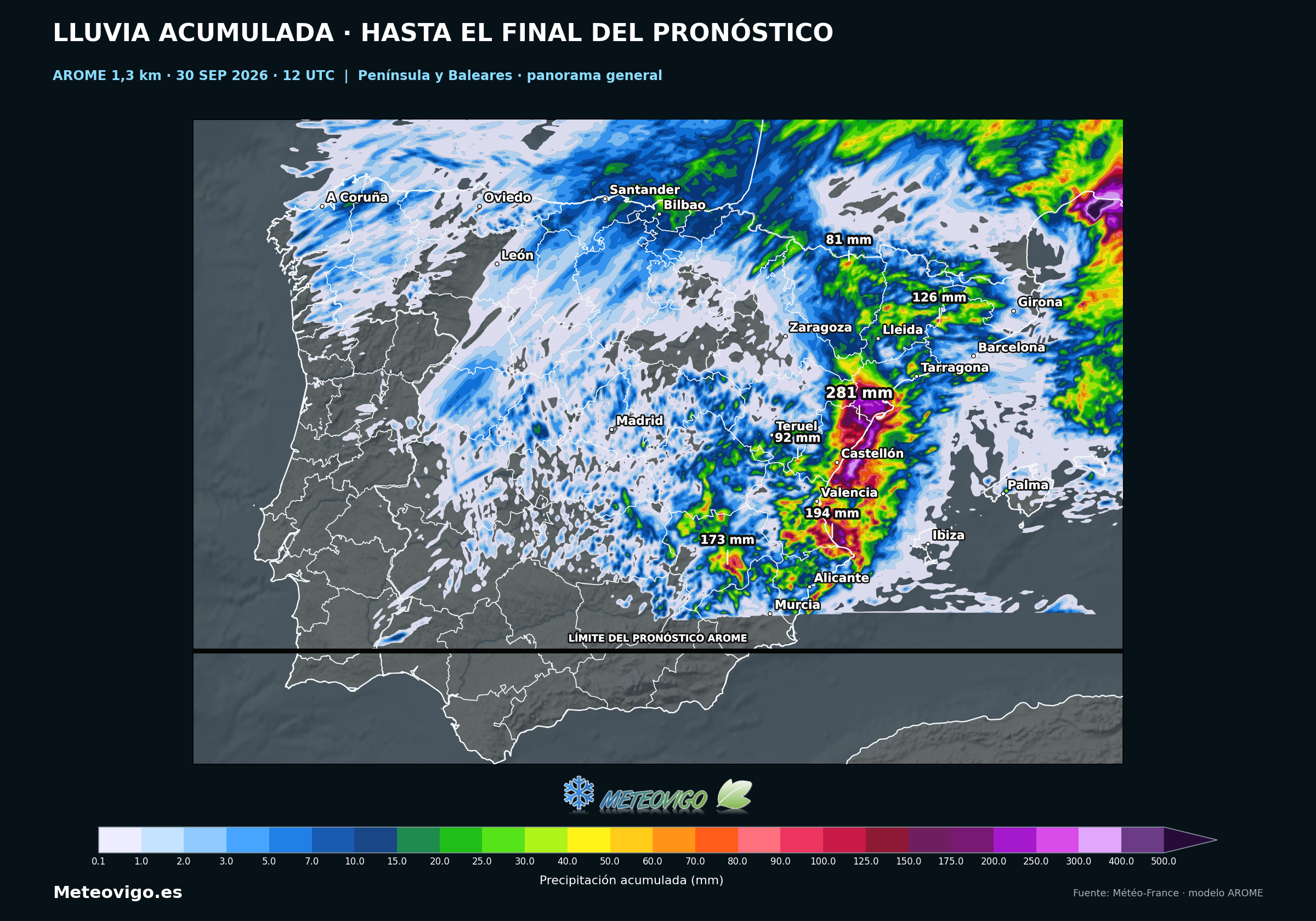Mapa general de lluvia acumulada prevista por AROME desde el 30 de septiembre hasta la tarde del 2 de octubre de 2026 en la Pen&iacute;nsula y Baleares