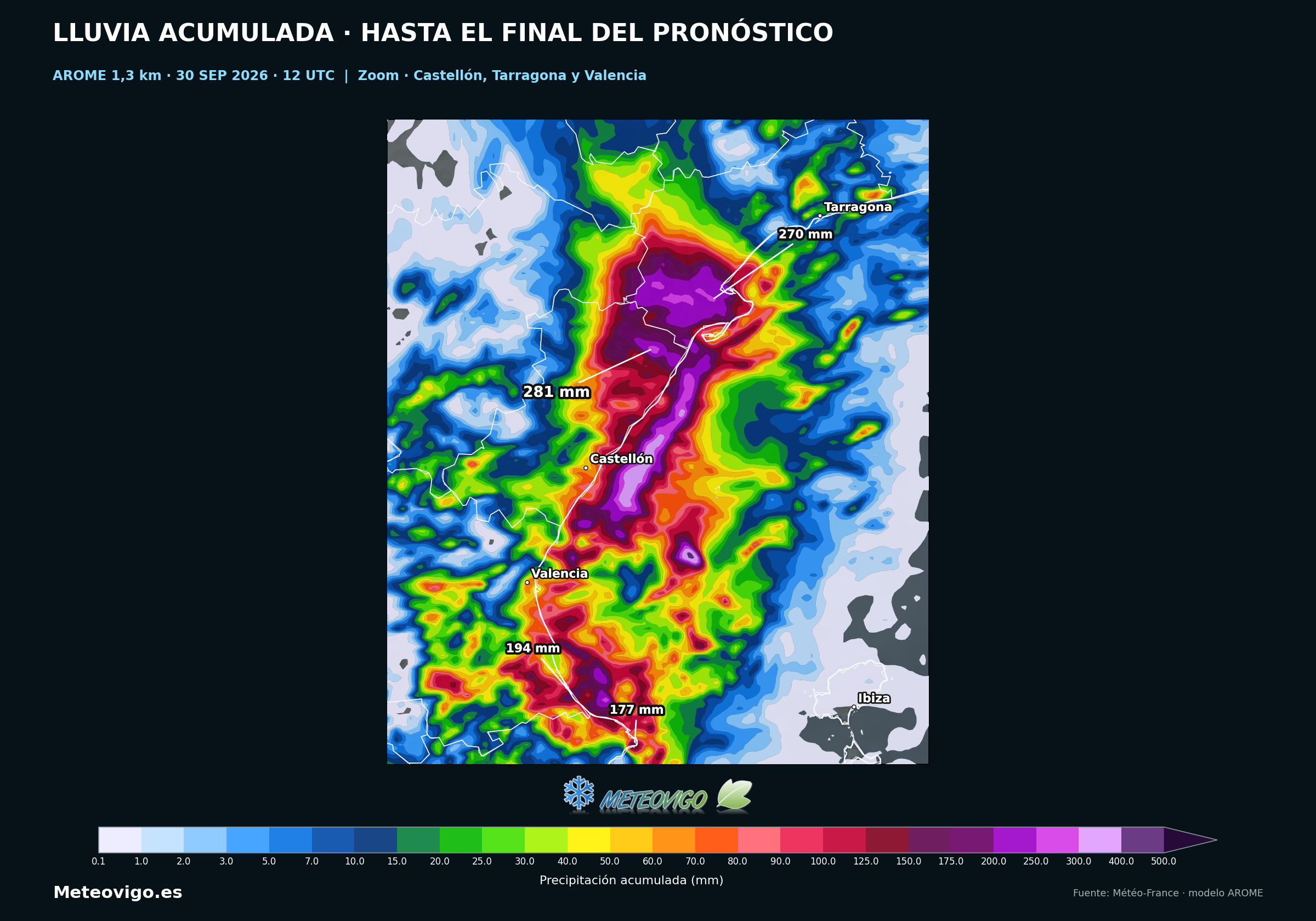 Zoom AROME de la lluvia acumulada prevista en Valencia, Castell&oacute;n y el sur de Tarragona hasta el viernes 2 de octubre de 2026
