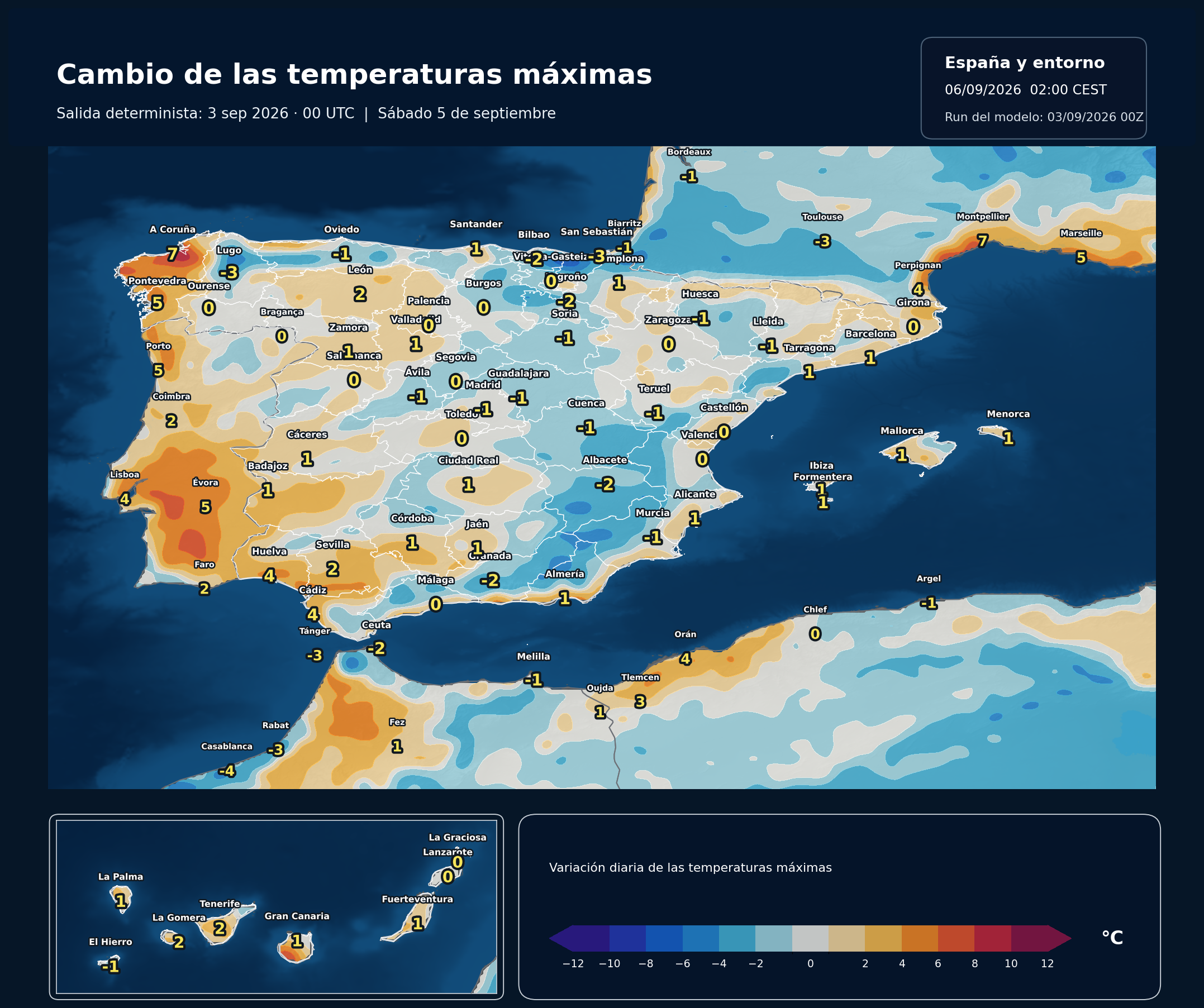 Cambio de las temperaturas m&aacute;ximas en Espa&ntilde;a para el s&aacute;bado 5 de septiembre seg&uacute;n el modelo europeo