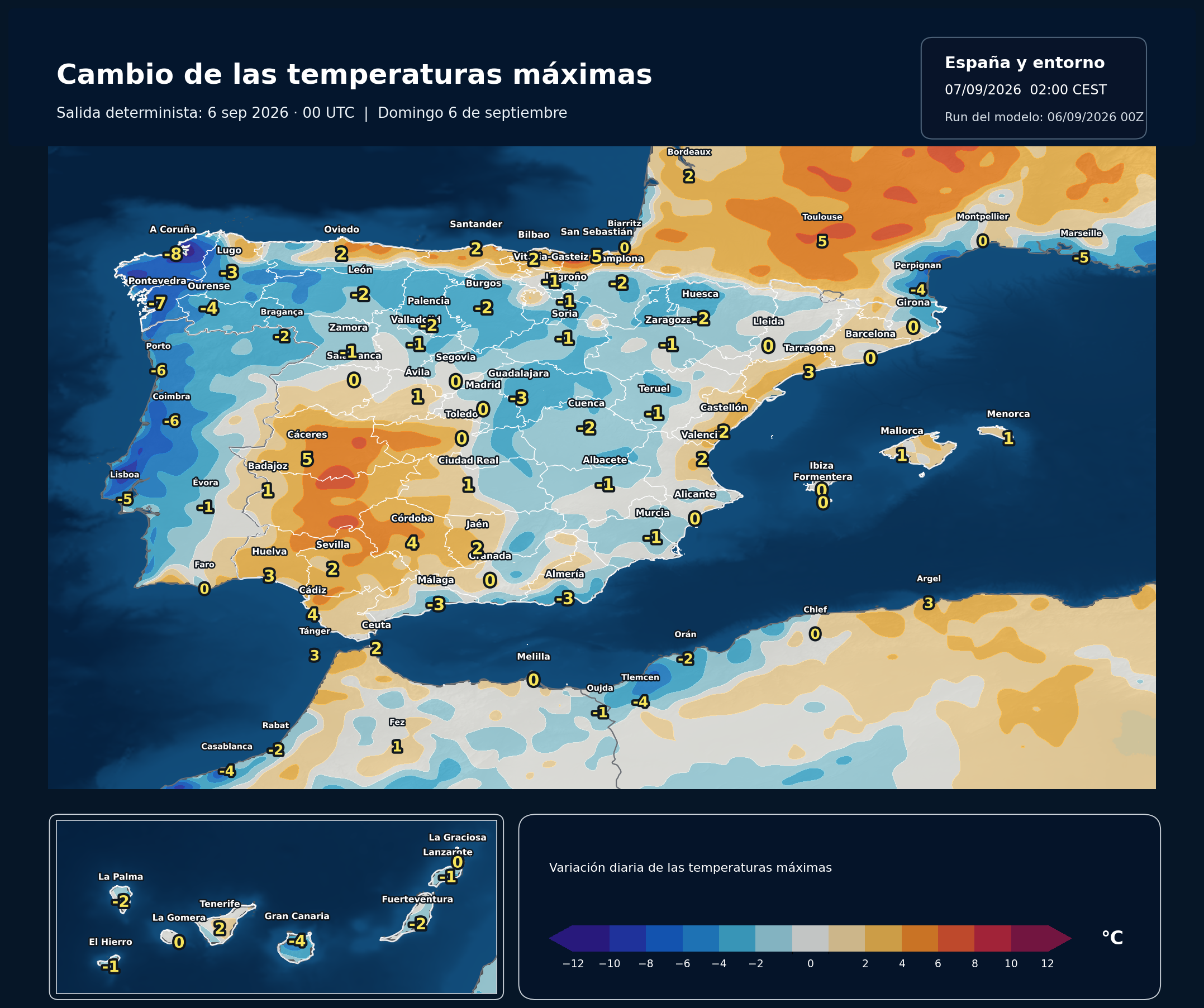 Cambio de las temperaturas máximas en España para el domingo 6 de septiembre según el modelo europeo