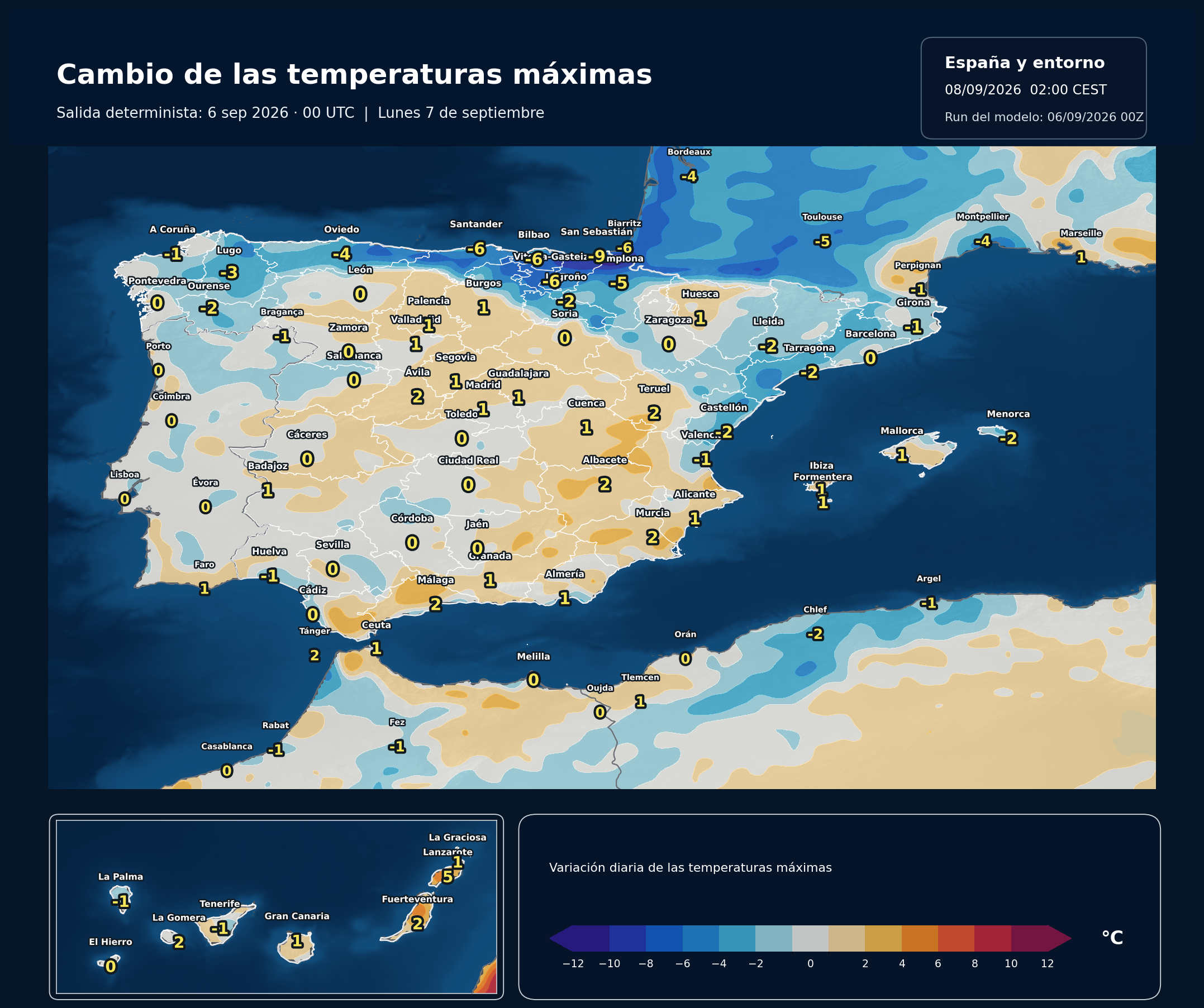 Cambio de las temperaturas máximas en España para el lunes 7 de septiembre según el modelo europeo