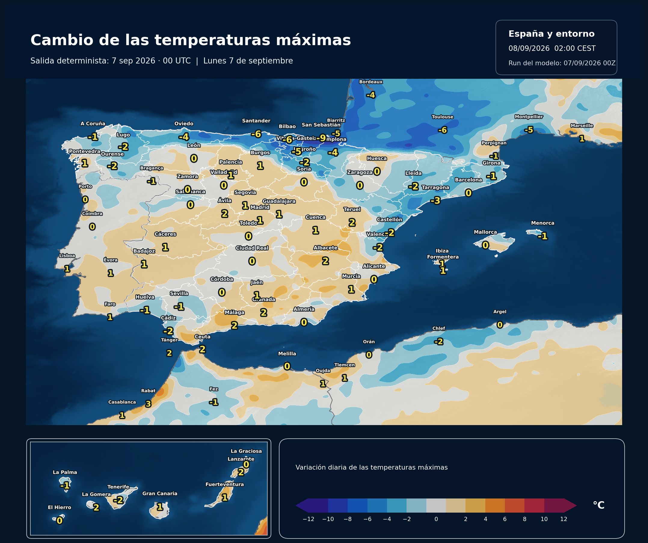 Cambio de las temperaturas máximas en España para el lunes 7 de septiembre según el modelo europeo