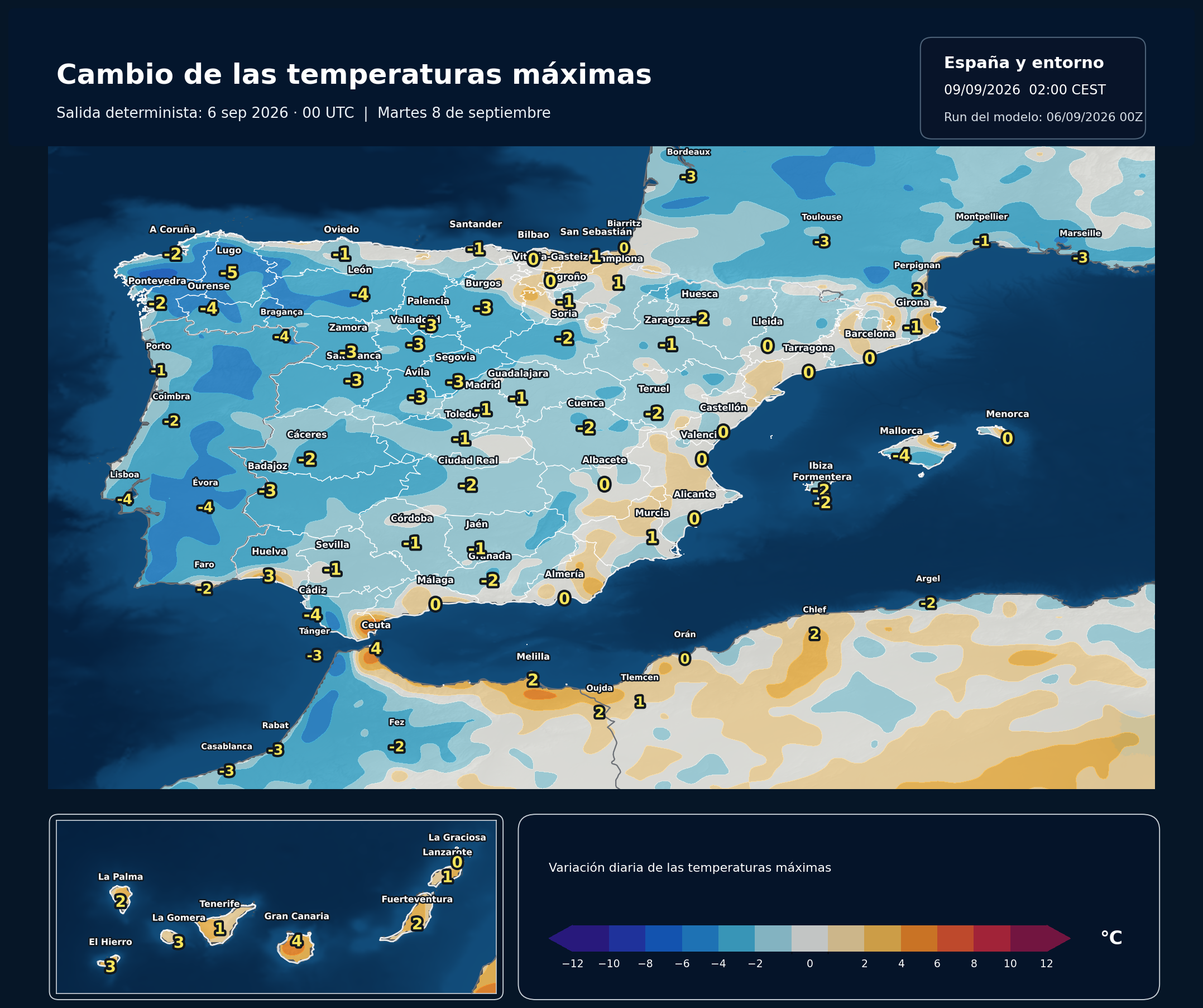 Cambio de las temperaturas máximas en España para el martes 8 de septiembre según el modelo europeo