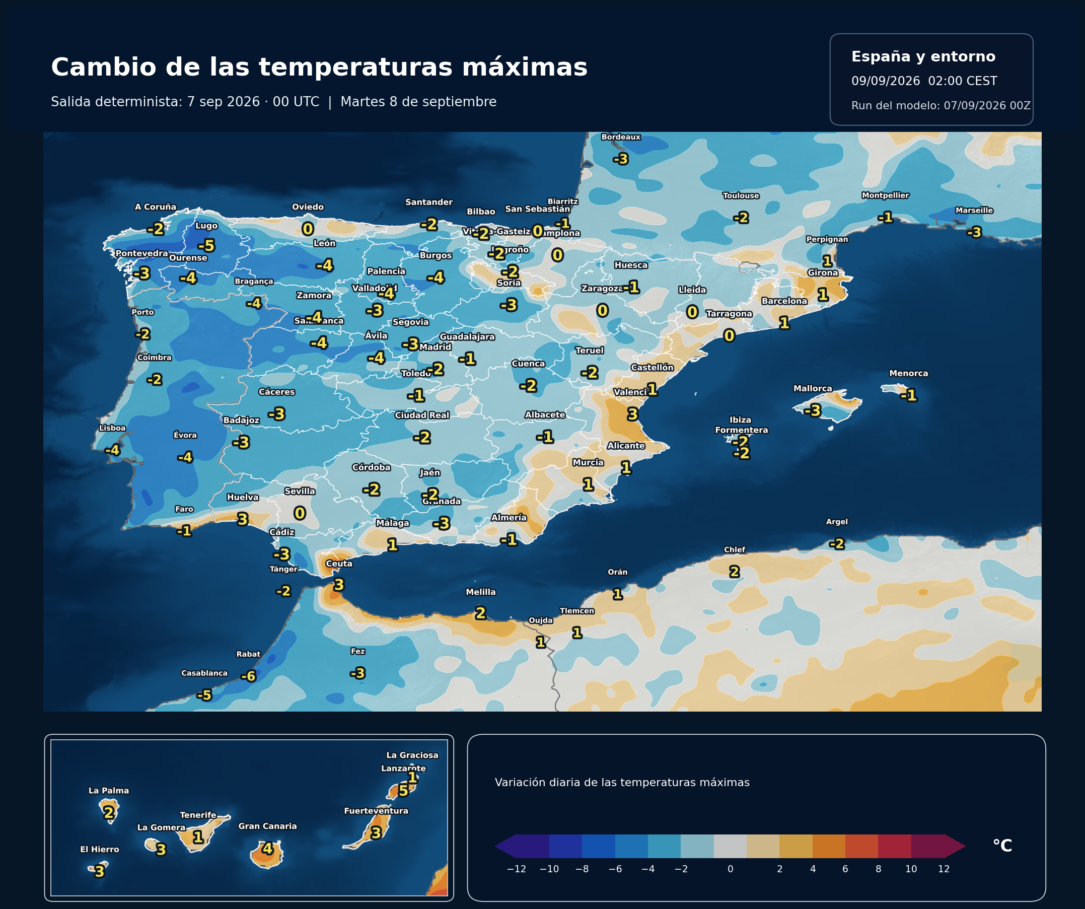 Cambio de las temperaturas máximas en España para el martes 8 de septiembre según el modelo europeo