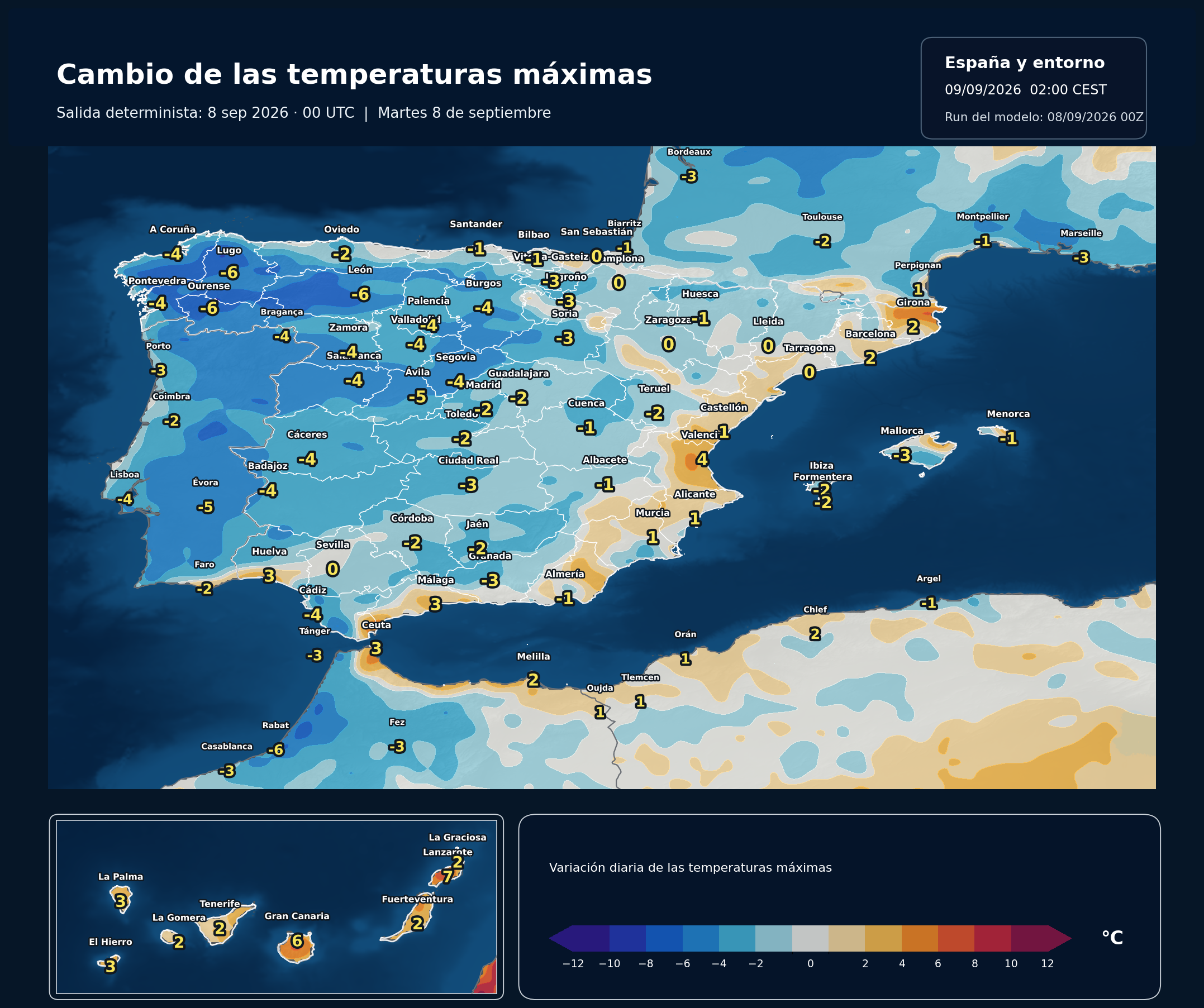 Cambio de las temperaturas máximas en España para el martes 8 de septiembre según el modelo europeo