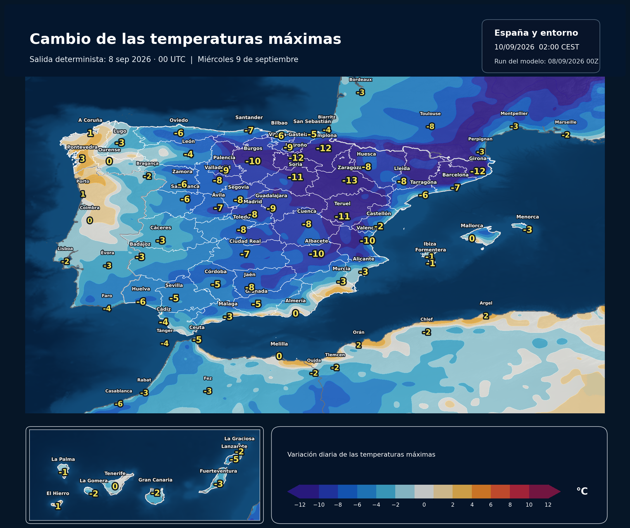 Cambio de las temperaturas máximas en España para el miércoles 9 de septiembre según el modelo europeo
