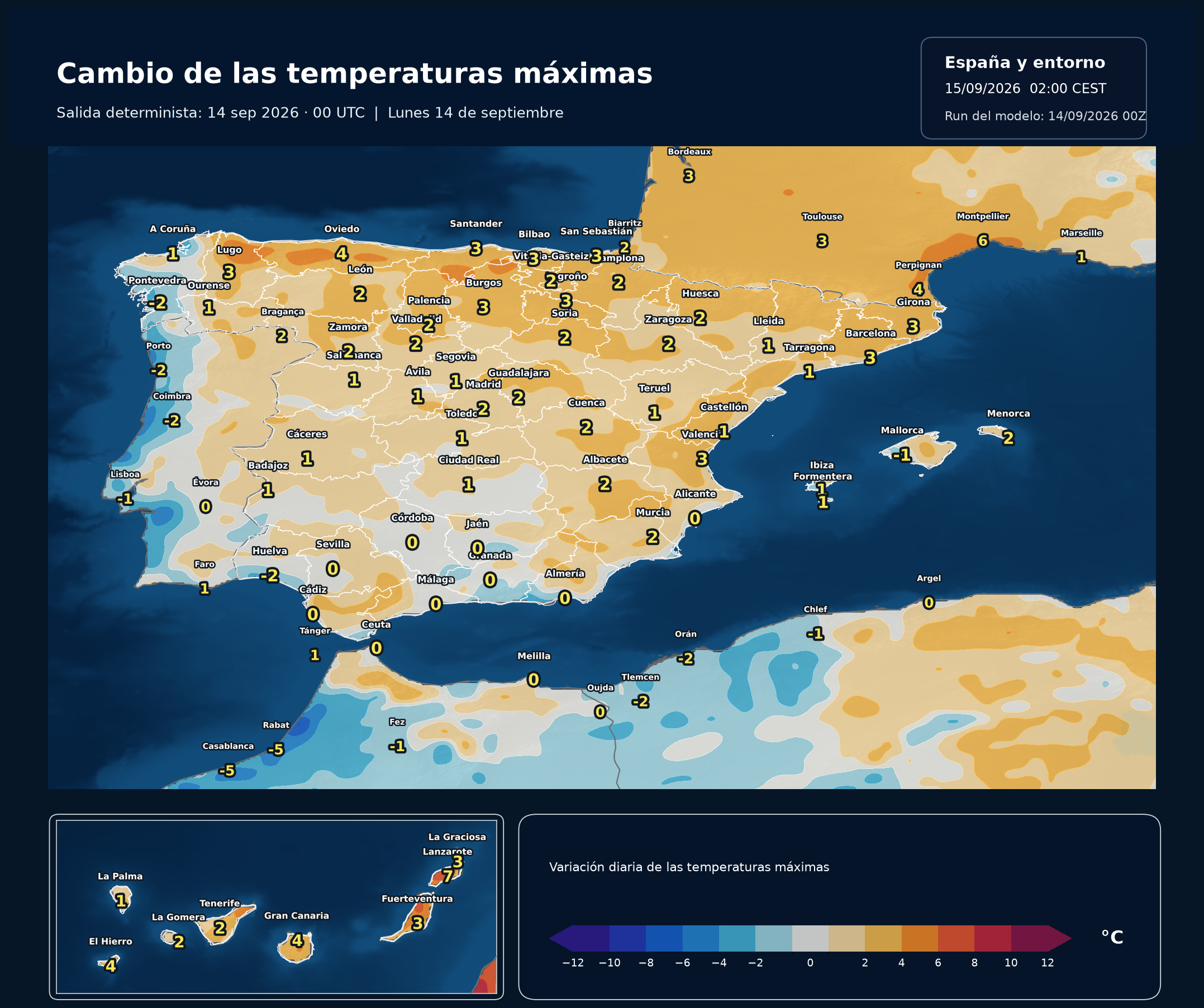 Cambio de las temperaturas máximas en España para el lunes 14 de septiembre