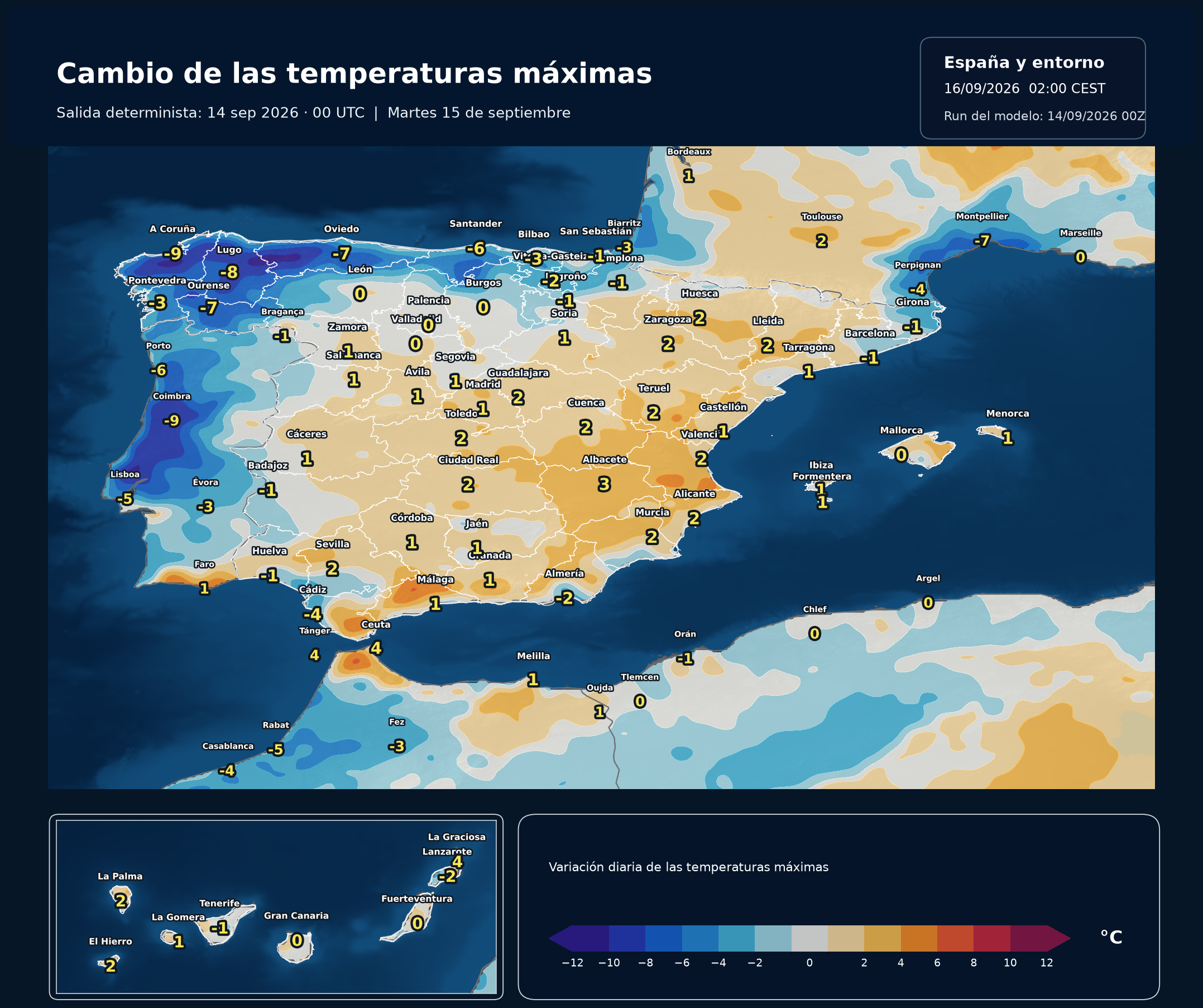 Cambio de las temperaturas máximas en España para el martes 15 de septiembre