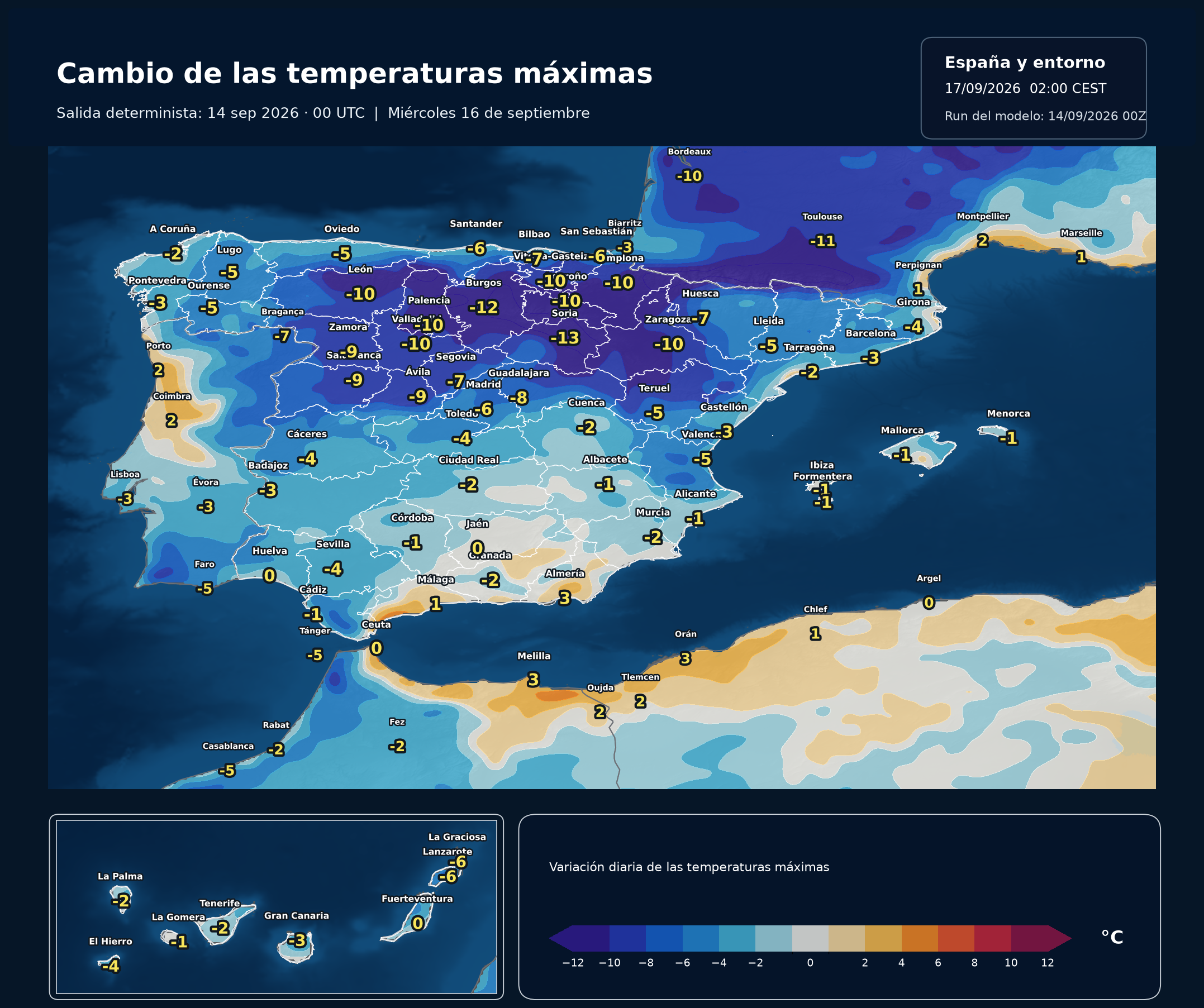 Cambio de las temperaturas máximas en España para el miércoles 16 de septiembre