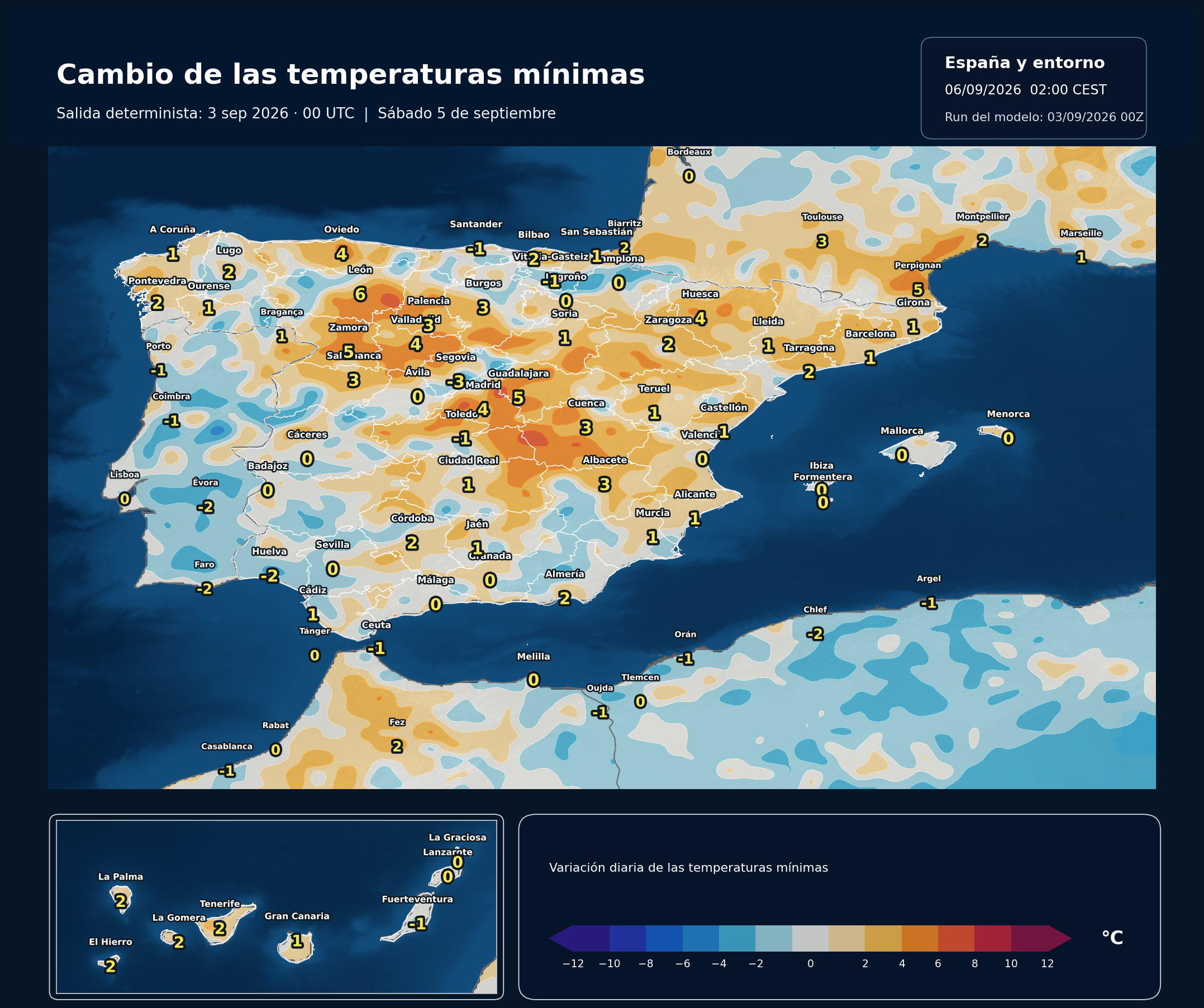 Cambio de las temperaturas m&iacute;nimas en Espa&ntilde;a para el s&aacute;bado 5 de septiembre seg&uacute;n el modelo europeo