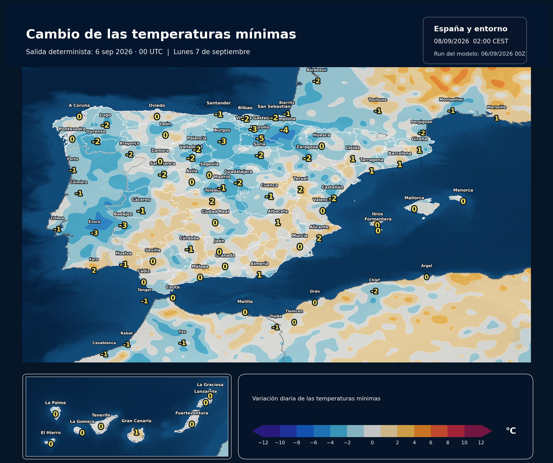 Cambio de las temperaturas mínimas en España para el lunes 7 de septiembre según el modelo europeo