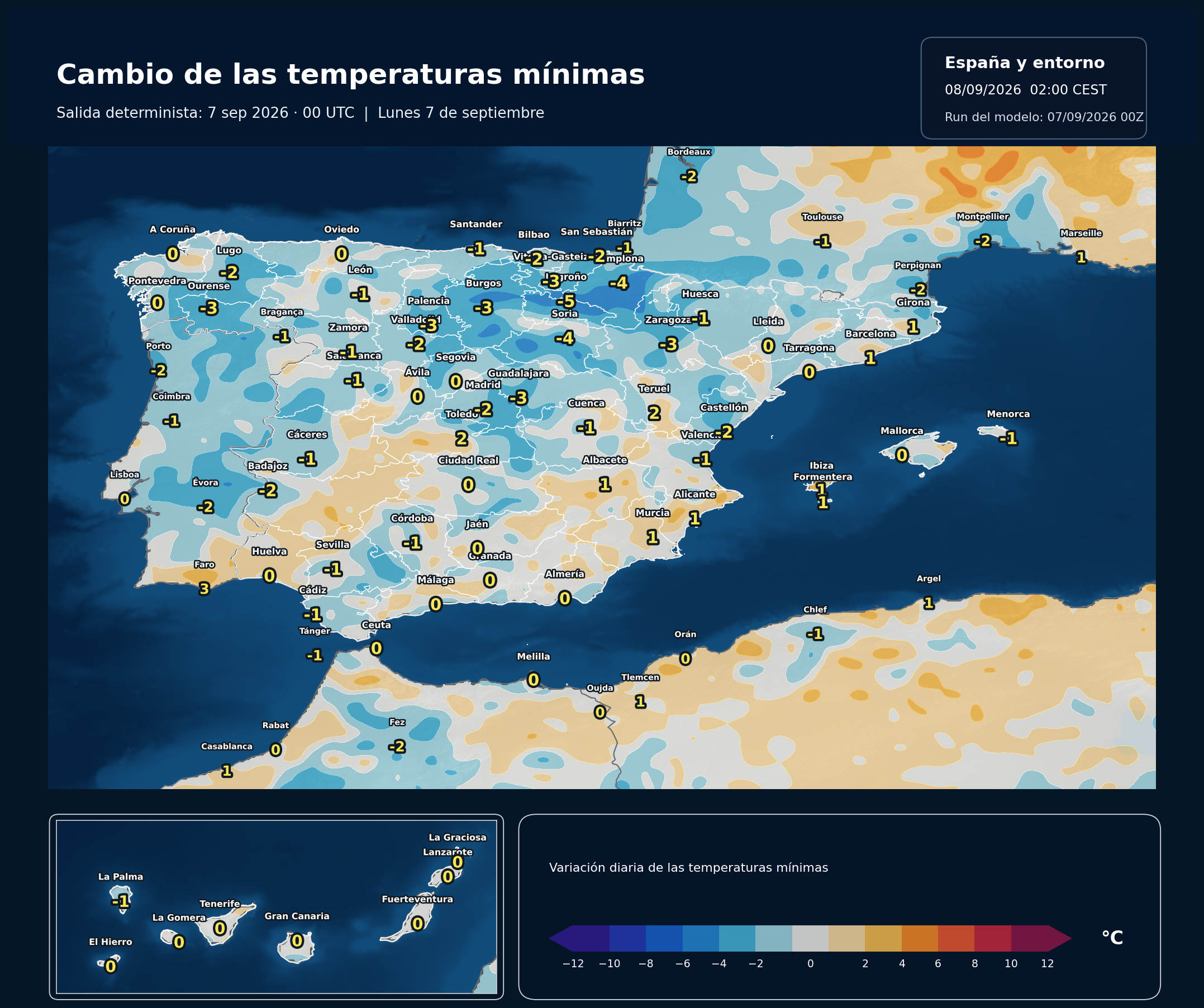 Cambio de las temperaturas mínimas en España para el lunes 7 de septiembre según el modelo europeo