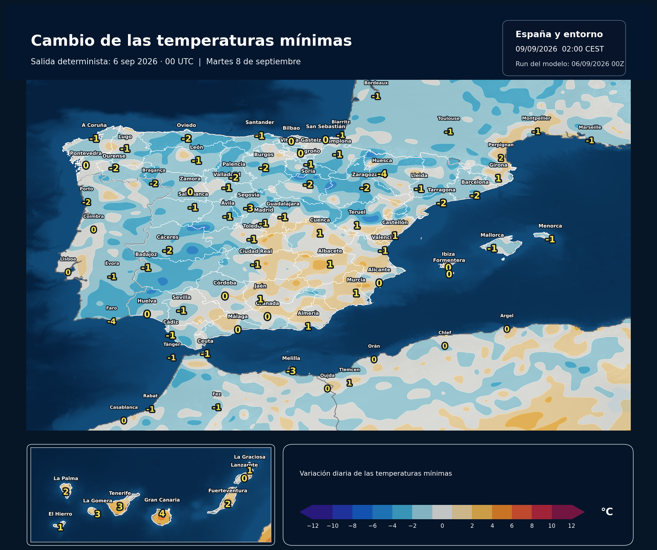 Cambio de las temperaturas mínimas en España para el martes 8 de septiembre según el modelo europeo