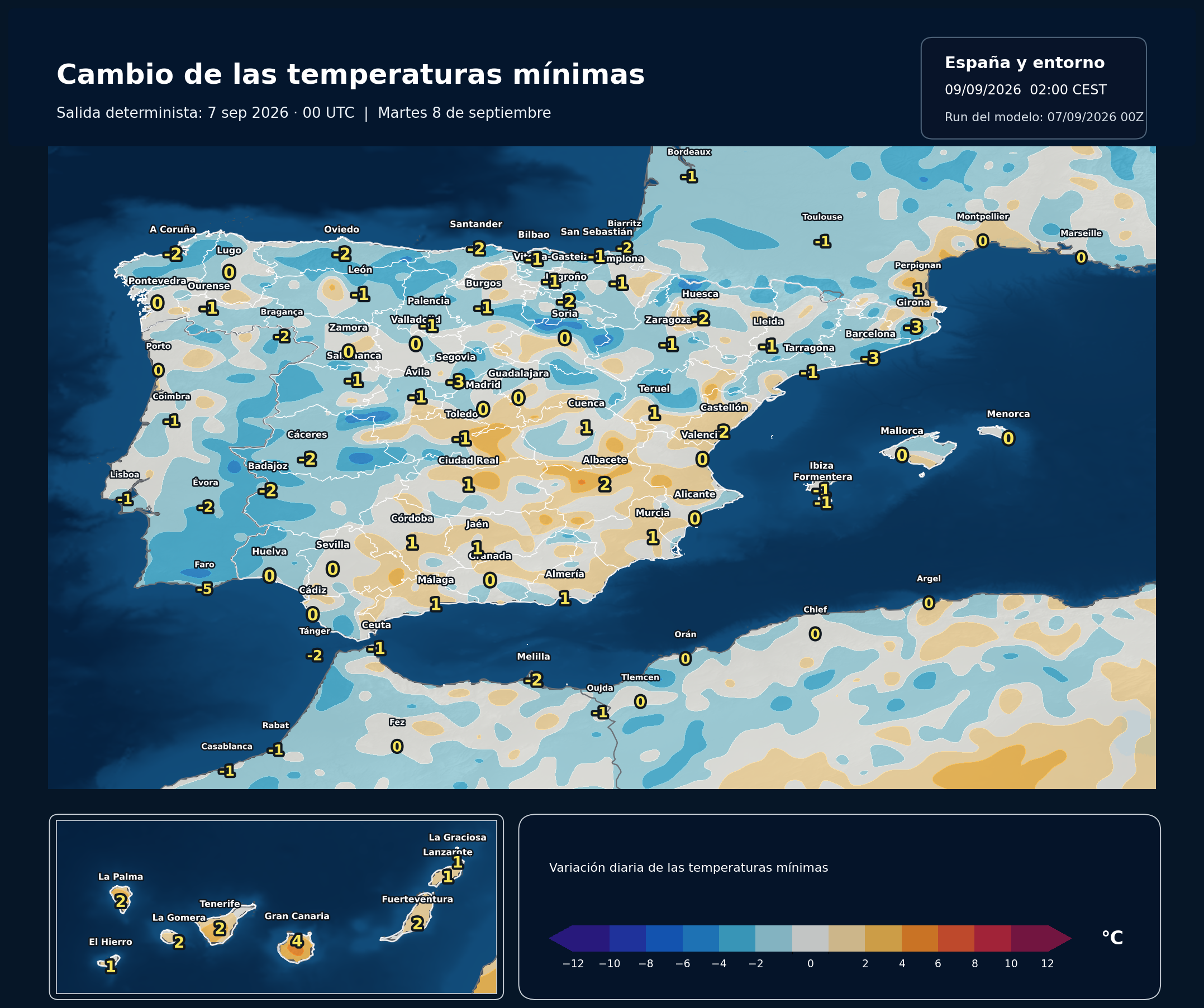 Cambio de las temperaturas mínimas en España para el martes 8 de septiembre según el modelo europeo