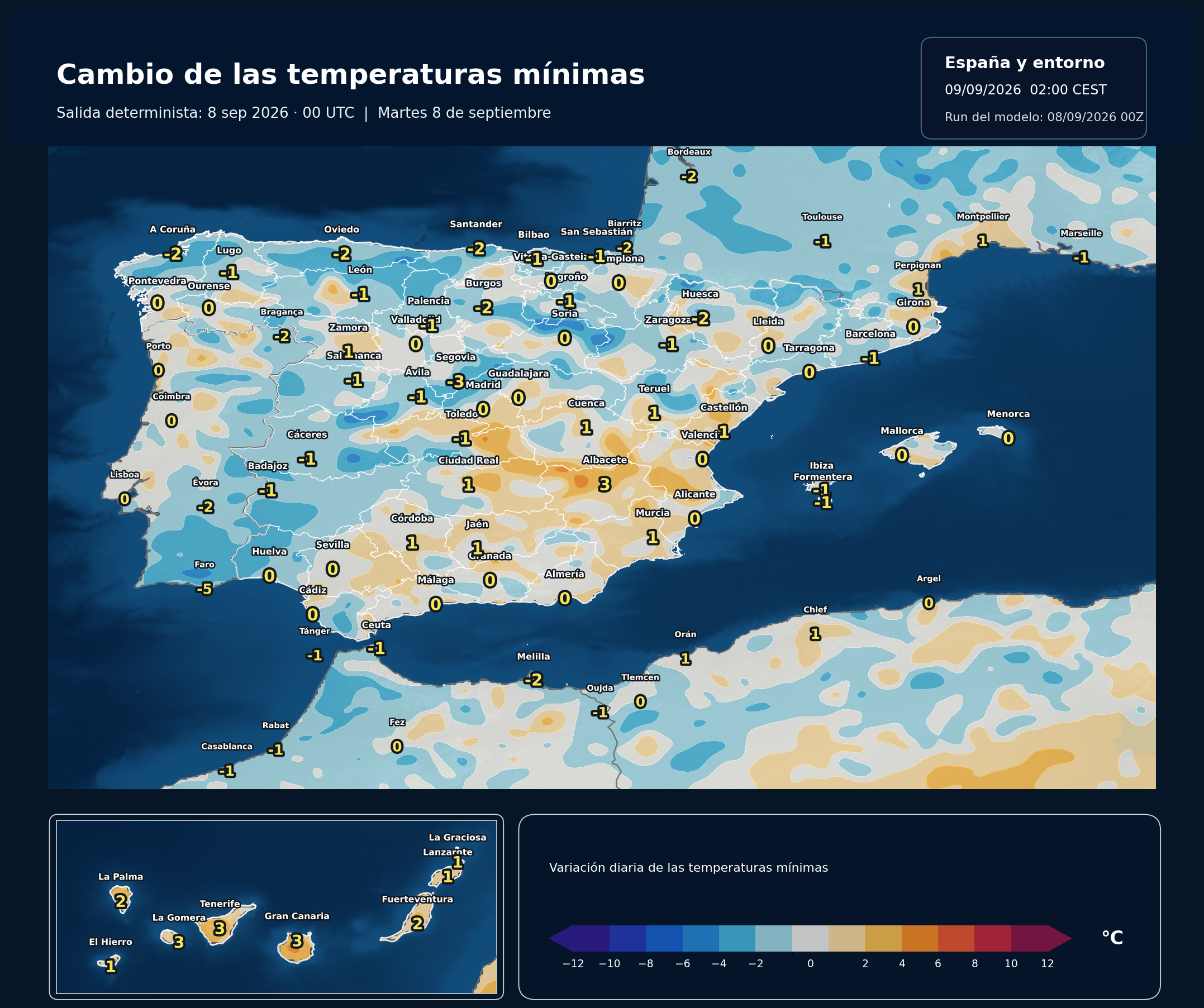 Cambio de las temperaturas mínimas en España para el martes 8 de septiembre según el modelo europeo
