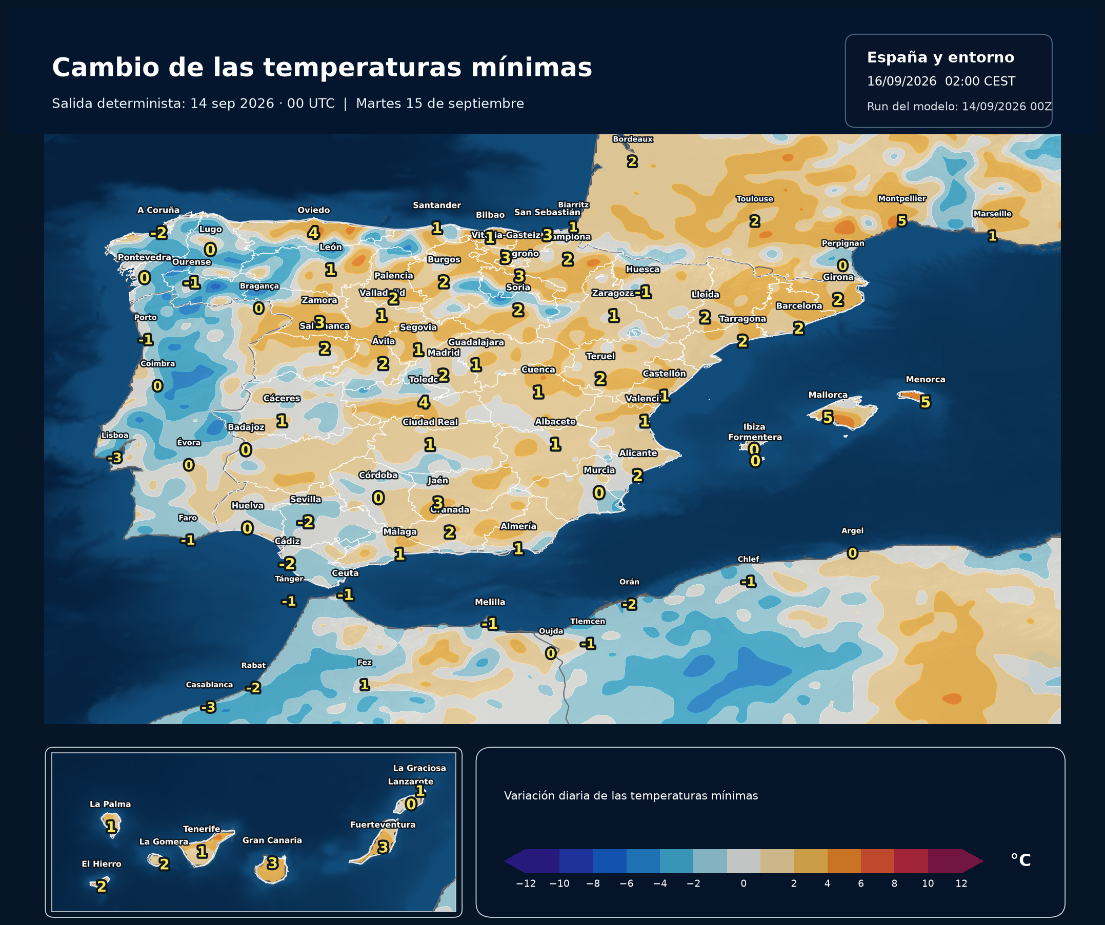 Cambio de las temperaturas mínimas en España para el martes 15 de septiembre