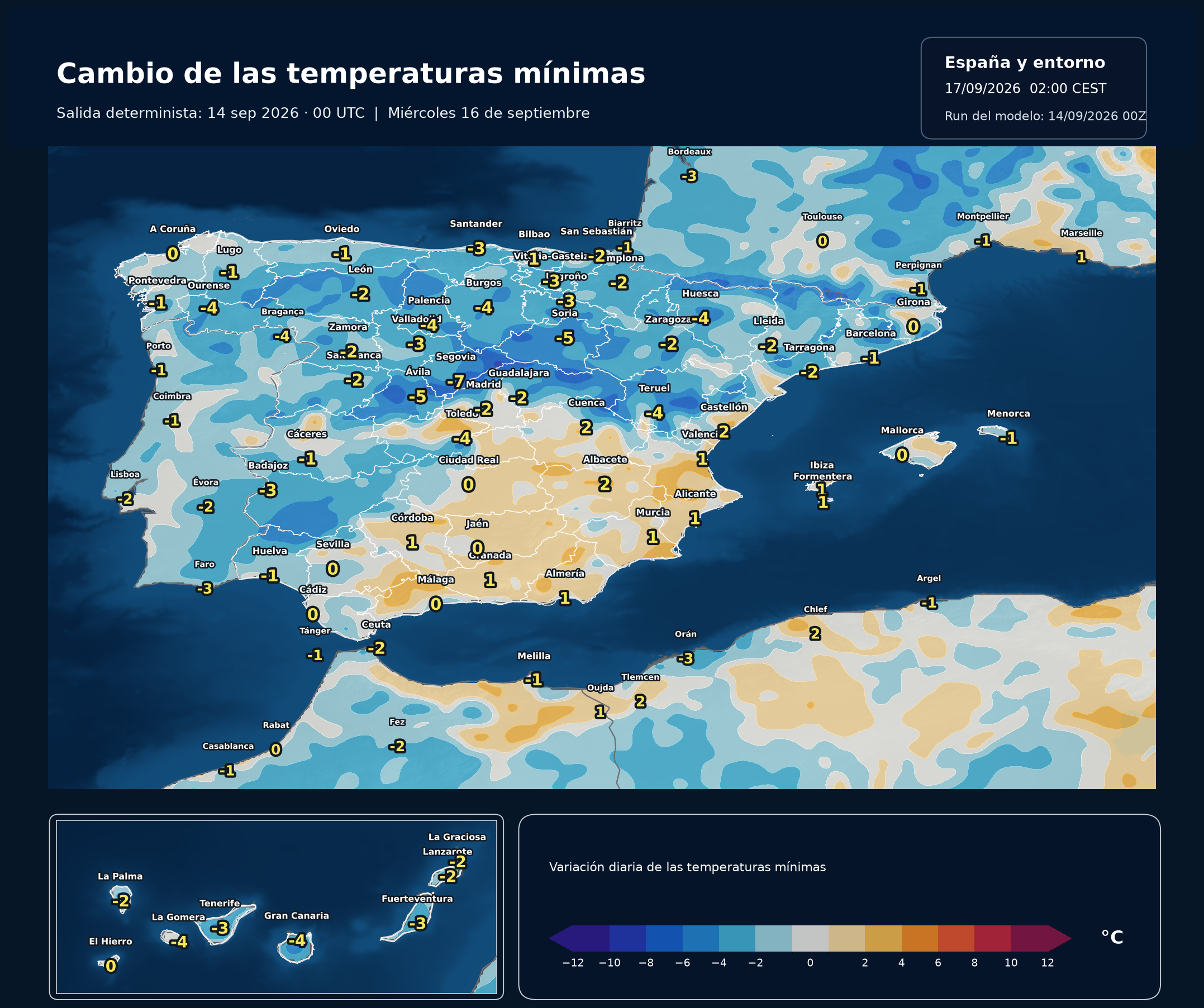 Cambio de las temperaturas mínimas en España para el miércoles 16 de septiembre