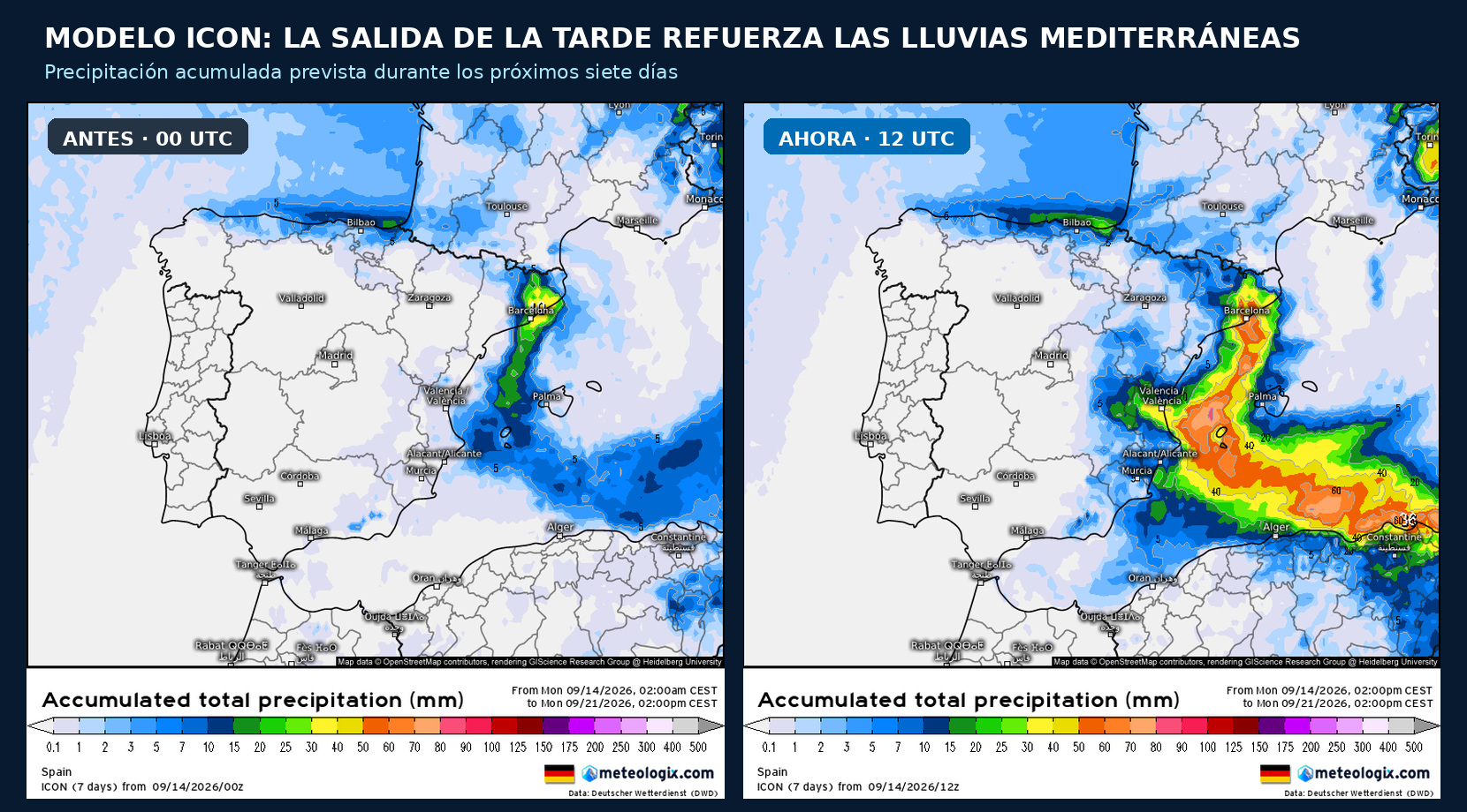 Comparativa de la salida ICON de las 00 y 12 UTC con el incremento de las lluvias en el Mediterráneo