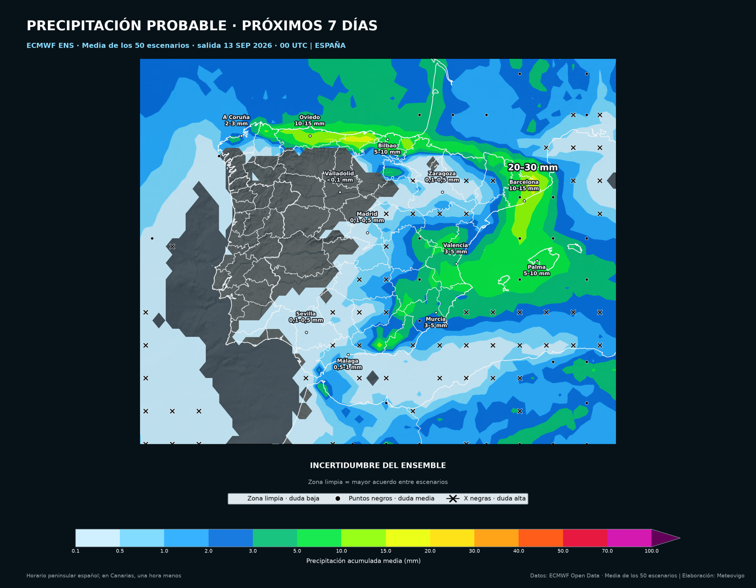 Mapa de la media de los 50 escenarios del ECMWF Ensemble con las lluvias y la incertidumbre en la Península, Baleares, Ceuta y Melilla del 13 al 20 de septiembre de 2026