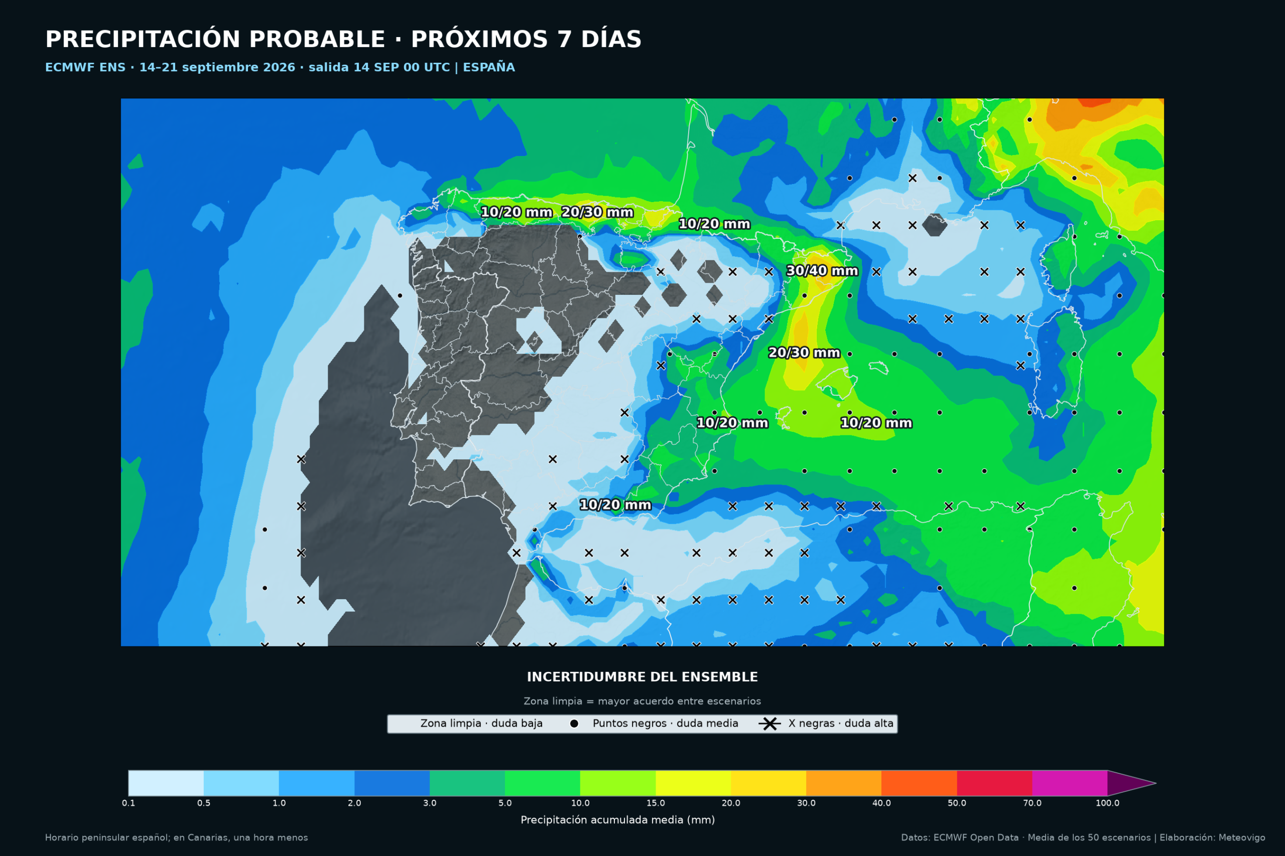 Lluvias previstas por el ensemble europeo del 14 al 21 de septiembre de 2026 en la Pen&iacute;nsula, Baleares, Ceuta y Melilla