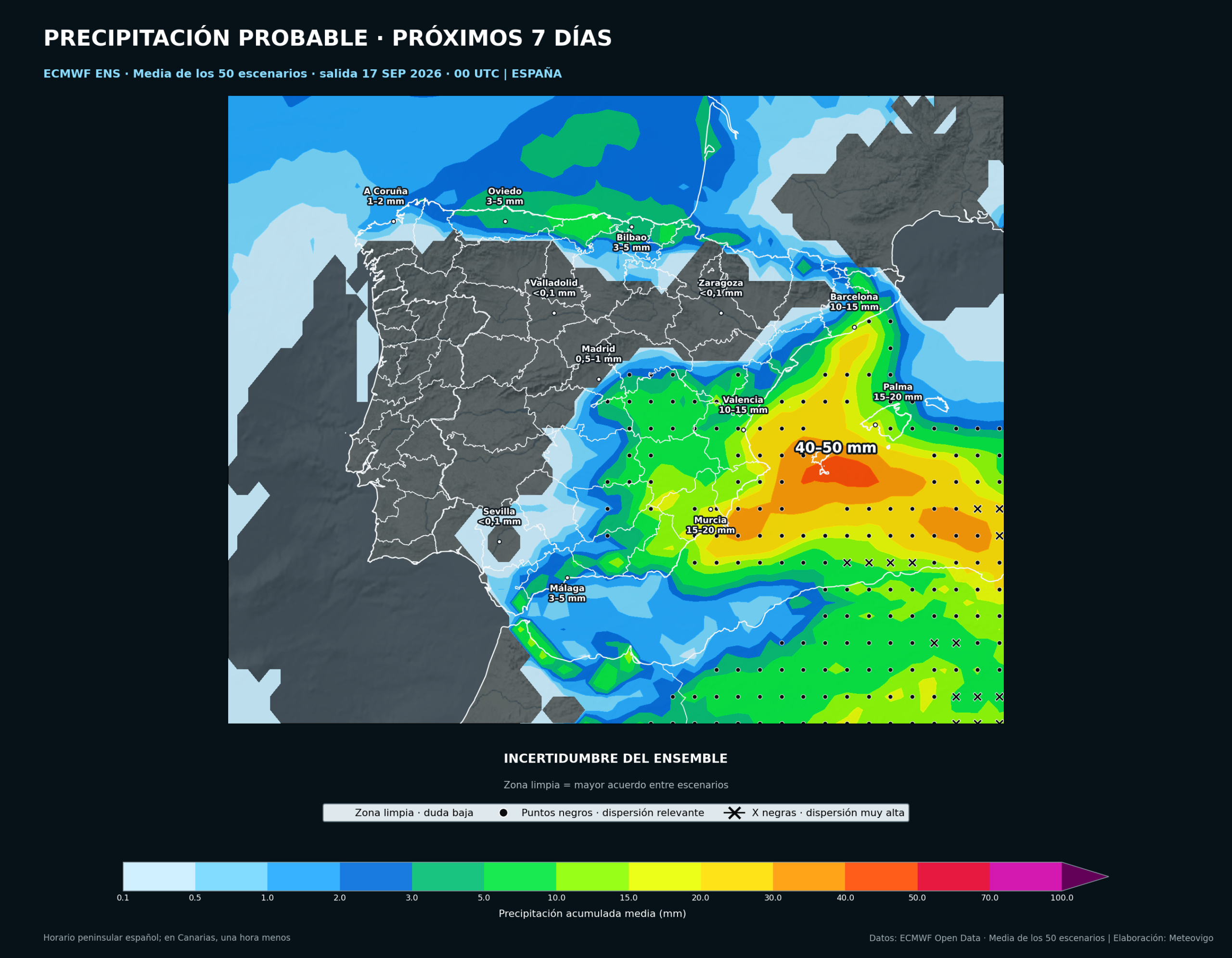 Mapa de la media de los 50 escenarios del ECMWF Ensemble con las lluvias y la incertidumbre en la Península, Baleares, Ceuta y Melilla del 17 al 24 de septiembre de 2026