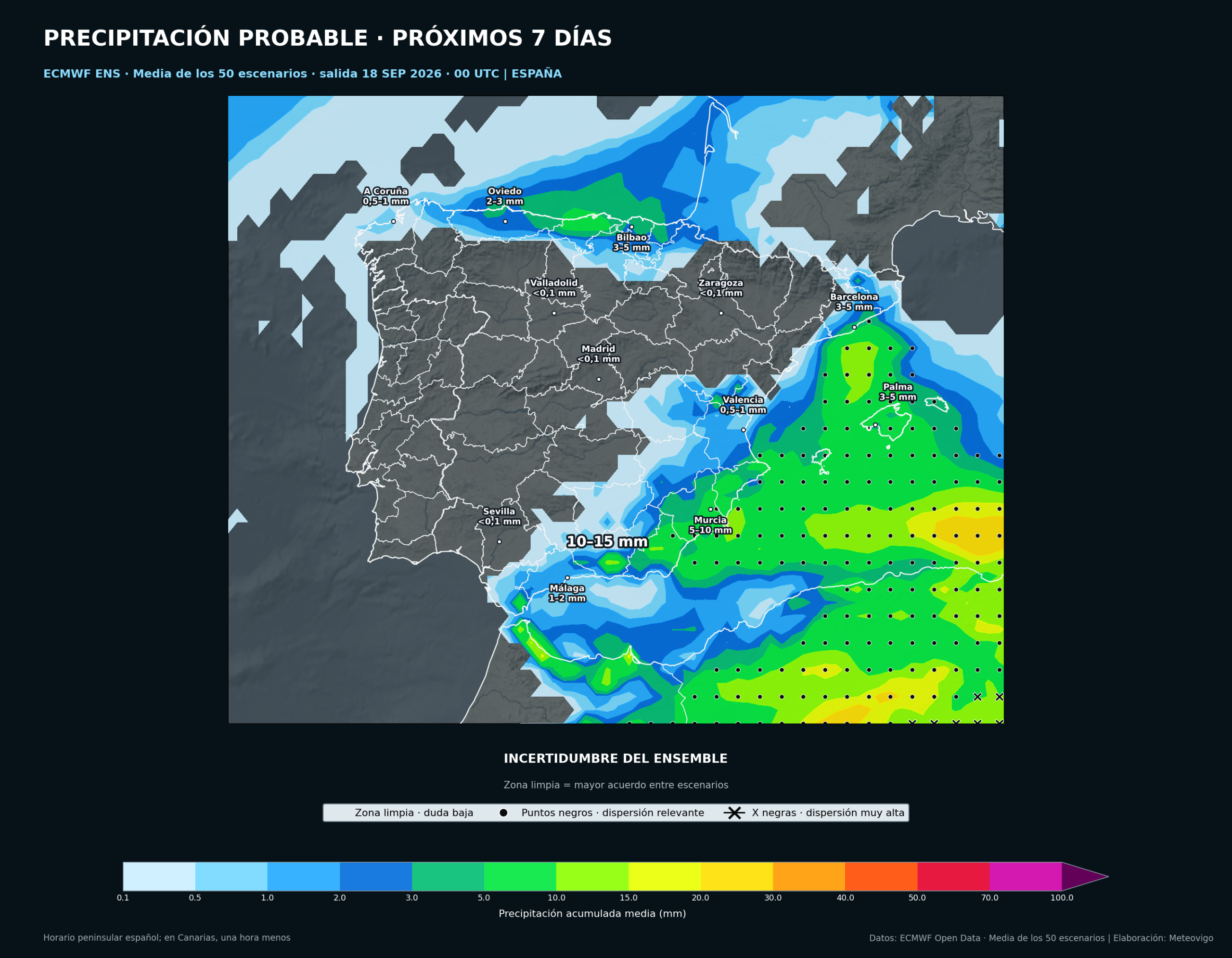 Mapa de la media de los 50 escenarios del ECMWF Ensemble con las lluvias y la incertidumbre en la Península, Baleares, Ceuta y Melilla del 18 al 25 de septiembre de 2026
