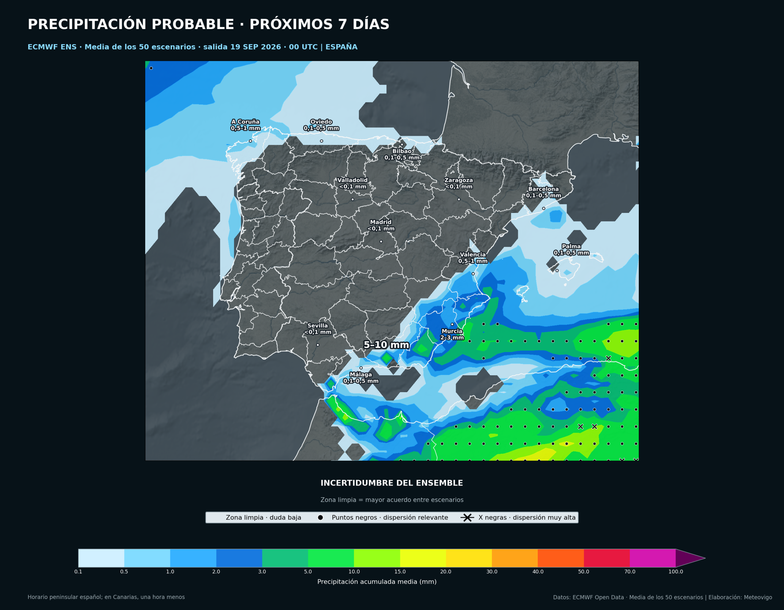 Mapa de la media de los 50 escenarios del ECMWF Ensemble con las lluvias y la incertidumbre en la Península, Baleares, Ceuta y Melilla del 19 al 26 de septiembre de 2026