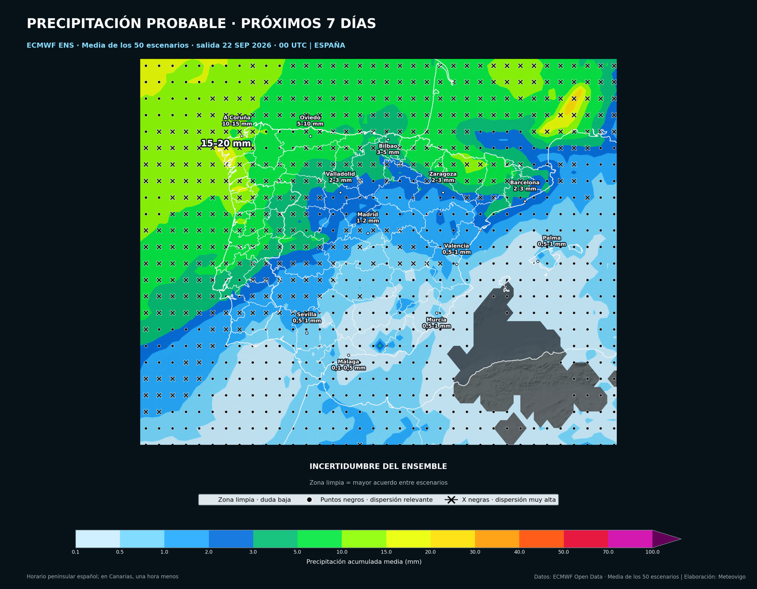 Mapa de la media de los 50 escenarios del ECMWF Ensemble con las lluvias y la incertidumbre en la Península, Baleares, Ceuta y Melilla del 22 al 29 de septiembre de 2026