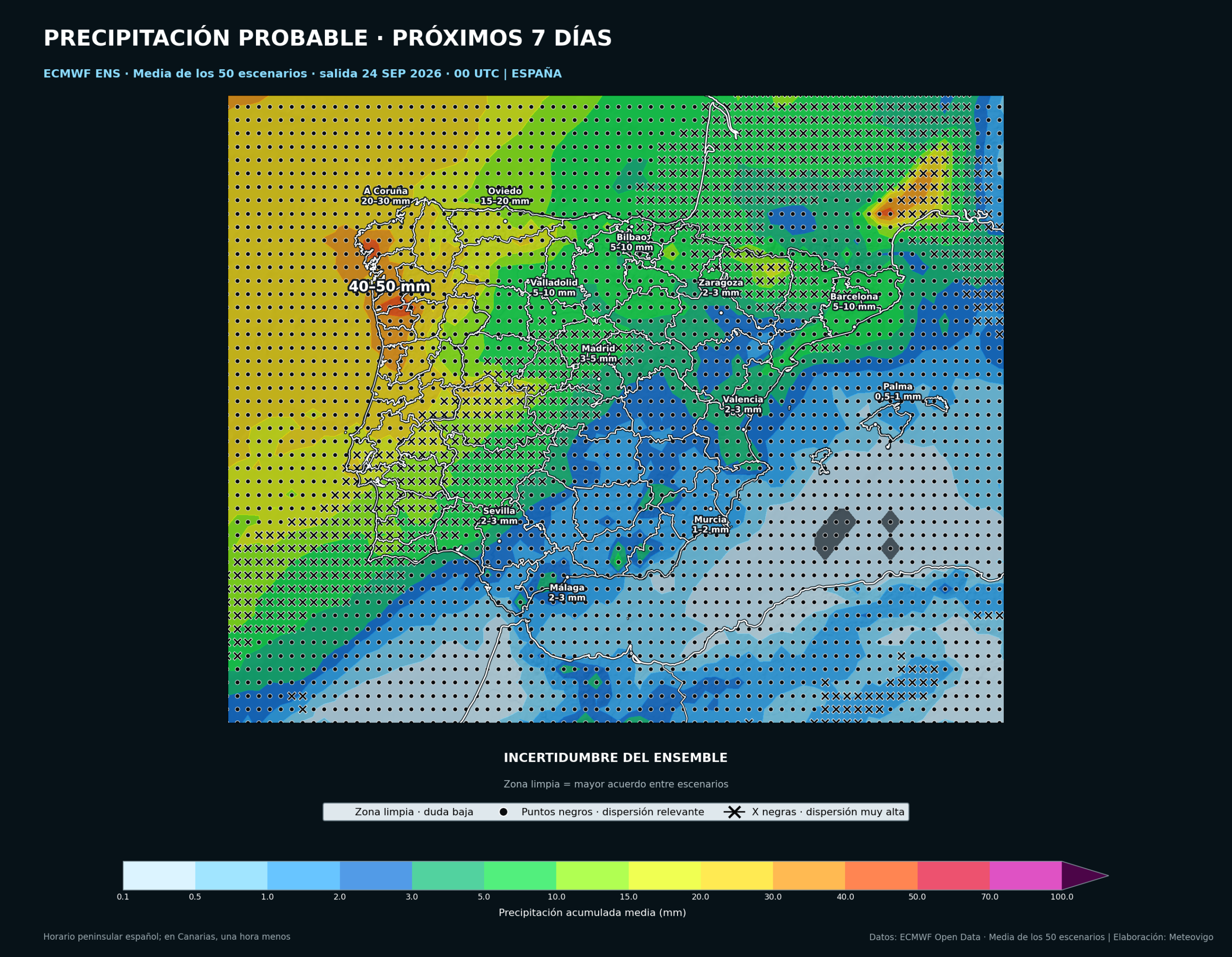 Mapa de la media de los 50 escenarios del ECMWF Ensemble con las lluvias previstas en la Pen&iacute;nsula, Baleares, Ceuta y Melilla del 24 de septiembre al 1 de octubre de 2026