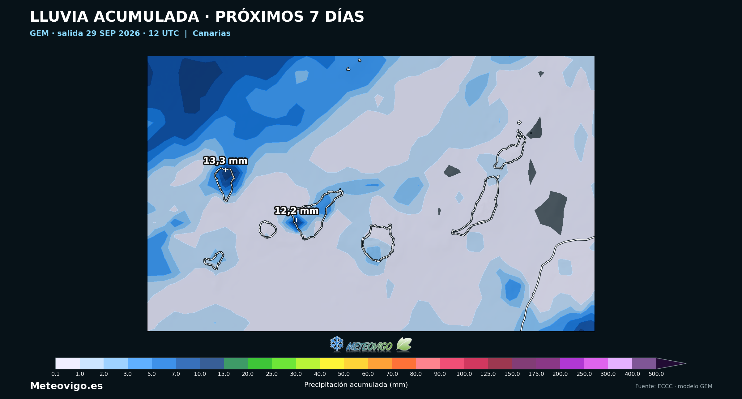 Lluvia acumulada durante siete d&iacute;as en Canarias seg&uacute;n el modelo GEM de las 12 UTC del 29 de septiembre de 2026