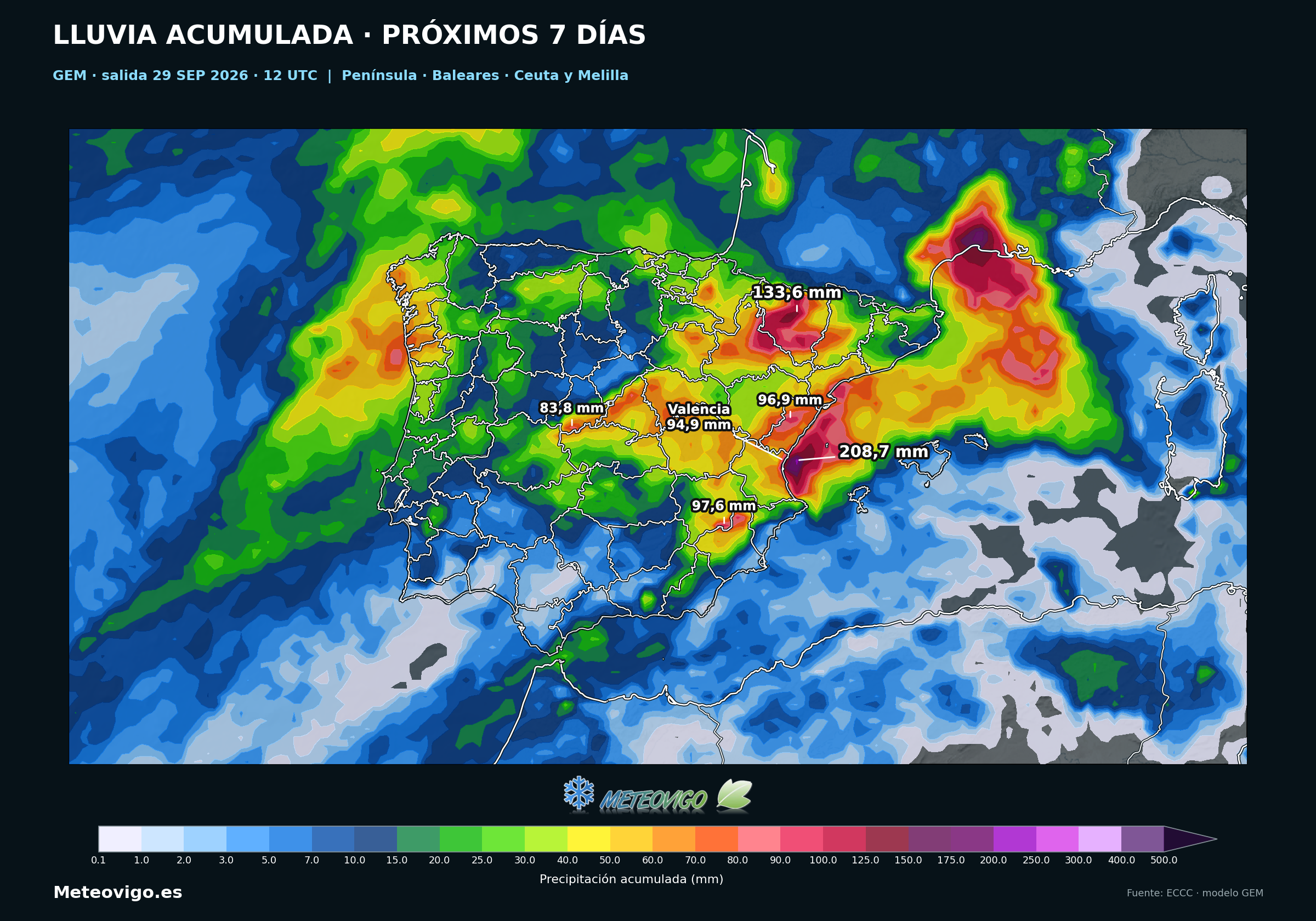 Lluvia acumulada durante siete d&iacute;as en la Pen&iacute;nsula, Baleares, Ceuta y Melilla seg&uacute;n el modelo GEM de las 12 UTC del 29 de septiembre de 2026