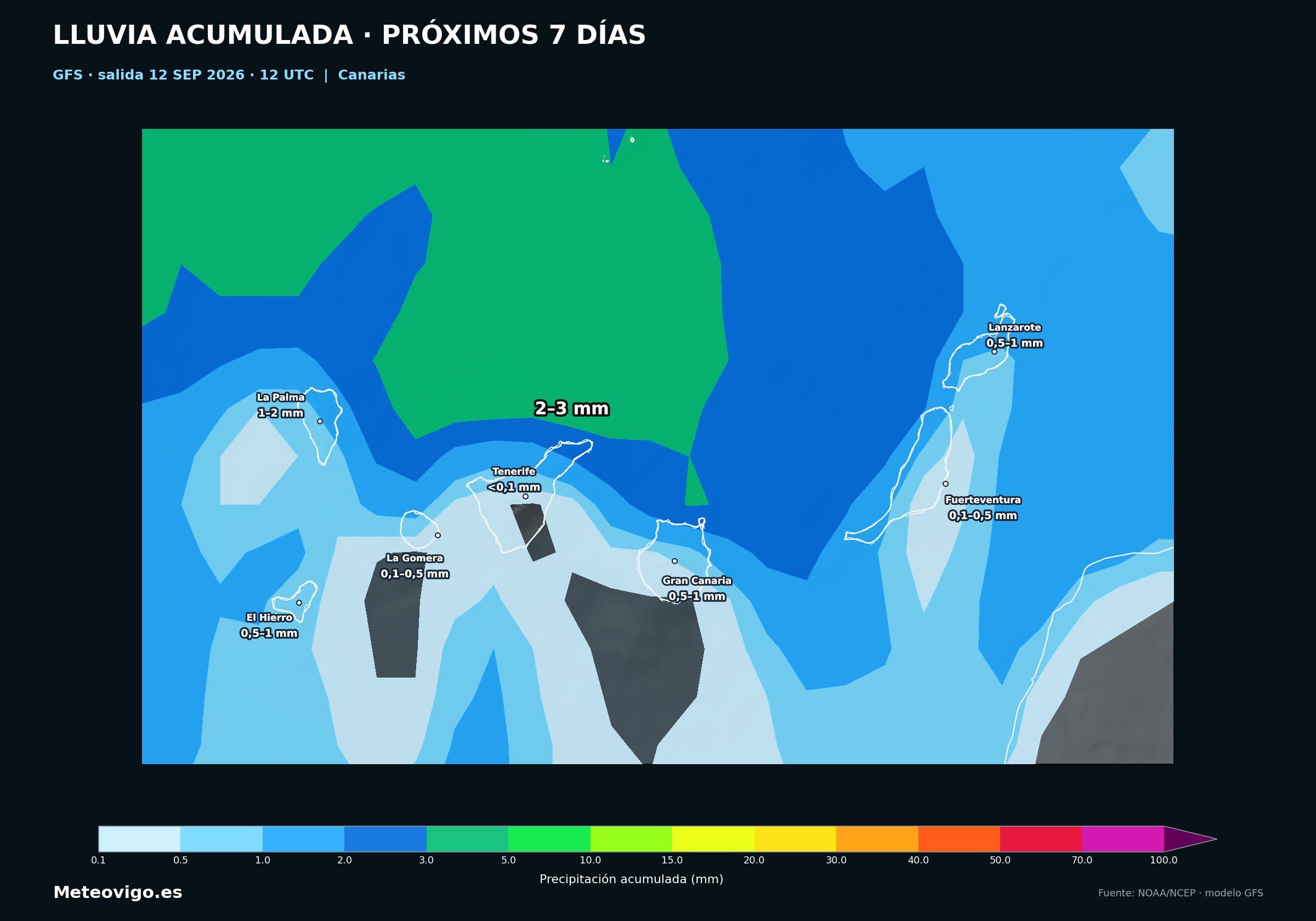 Mapa GFS de la tarde con las lluvias acumuladas durante los próximos siete días en Canarias