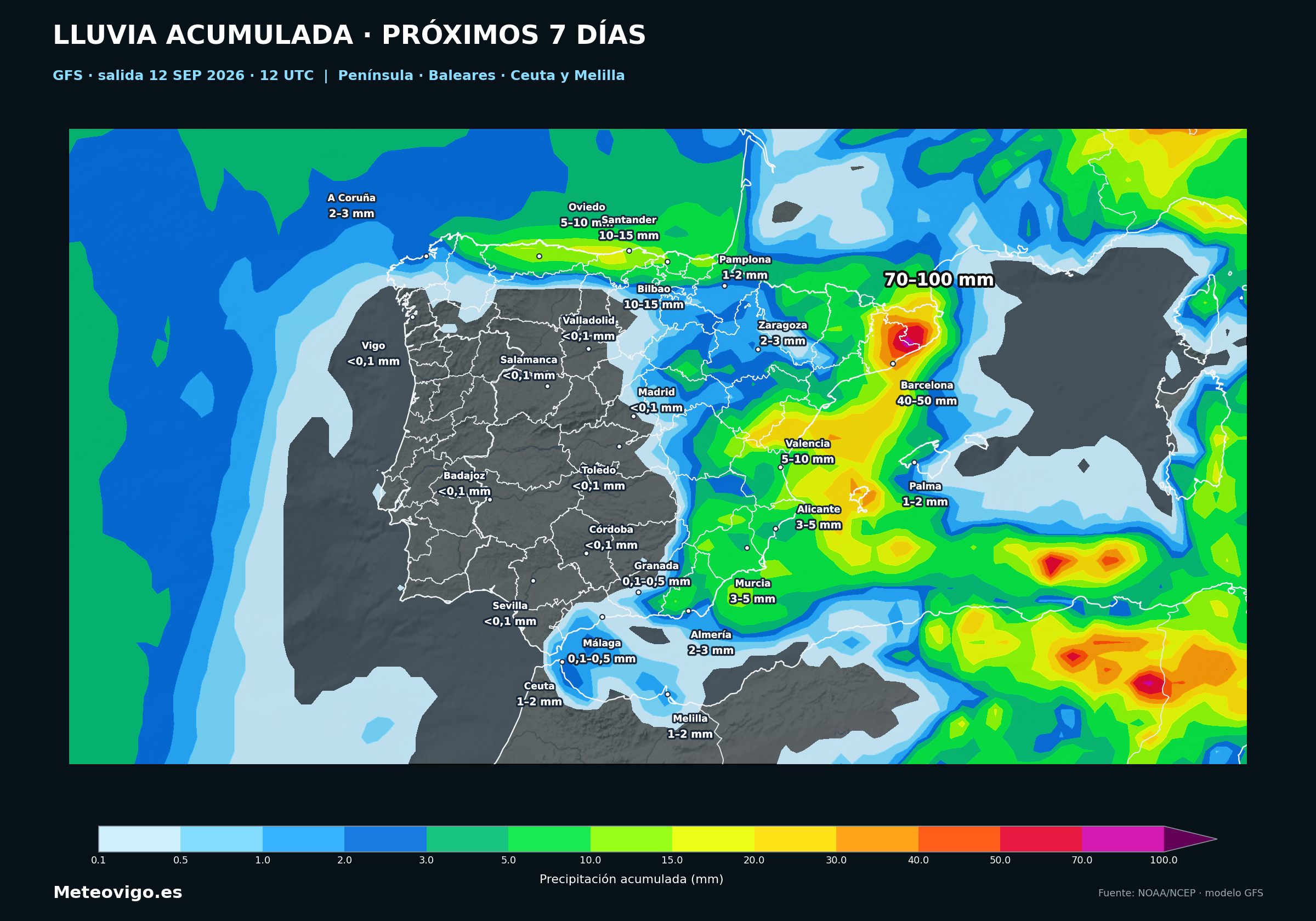 Mapa GFS de la tarde con las lluvias acumuladas durante los próximos siete días en la Península, Baleares, Ceuta y Melilla