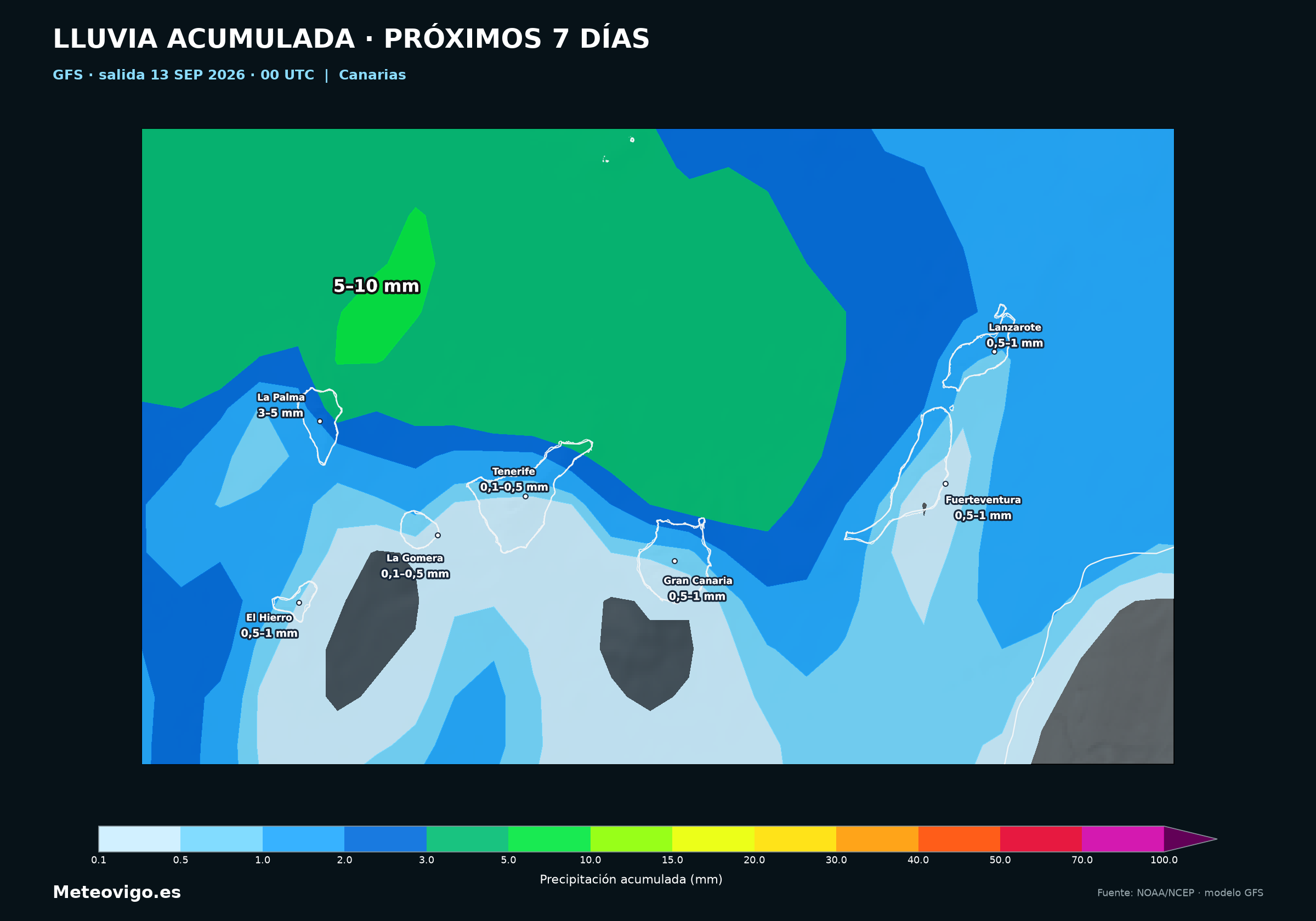 Mapa GFS de lluvias acumuladas en Canarias del 13 al 20 de septiembre de 2026