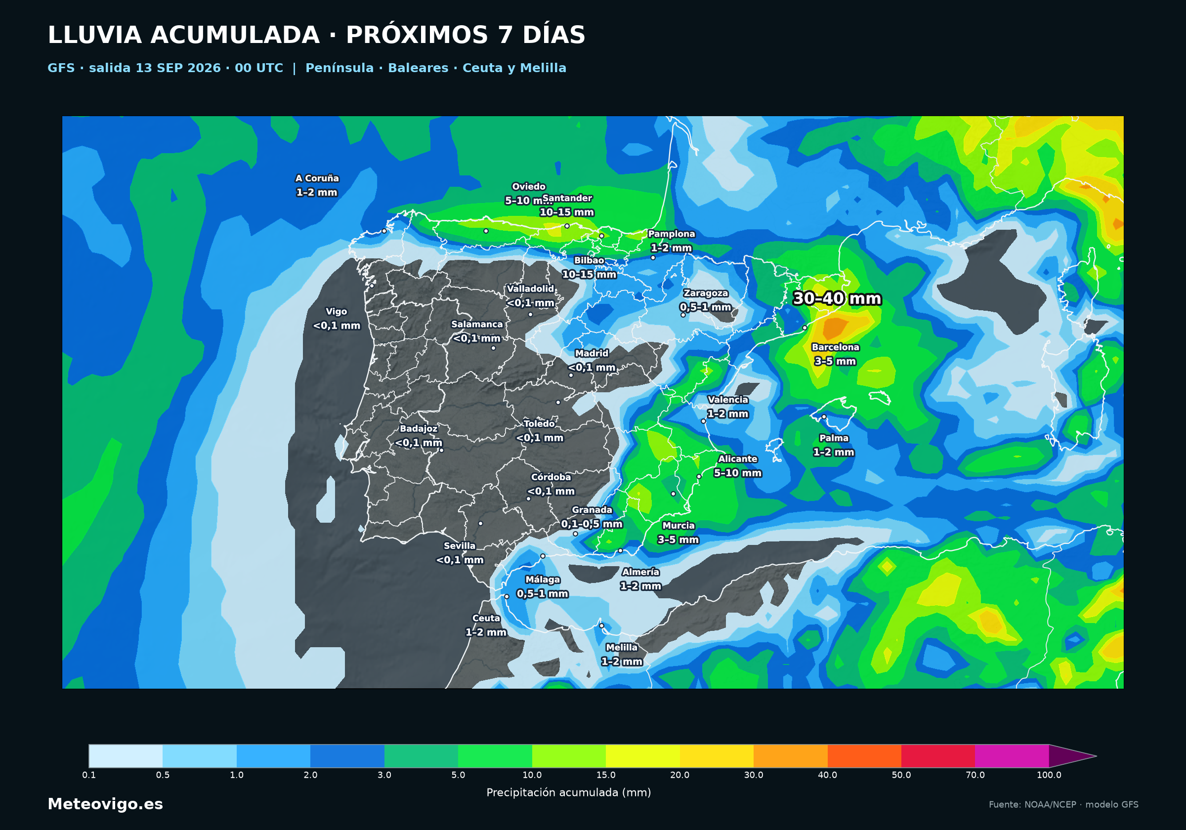Mapa GFS de lluvias acumuladas en la Pen&iacute;nsula, Baleares, Ceuta y Melilla del 13 al 20 de septiembre de 2026