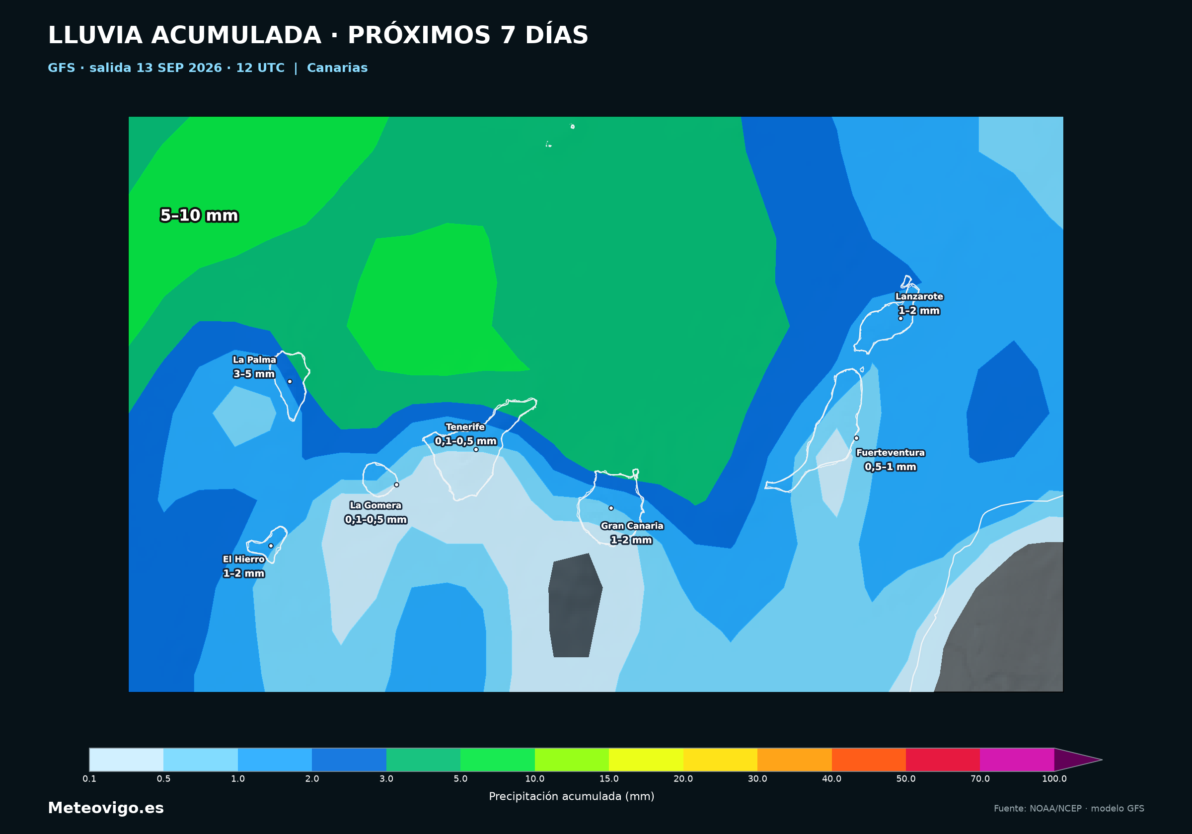 Mapa GFS de la tarde con las lluvias acumuladas en Canarias del 13 al 20 de septiembre de 2026