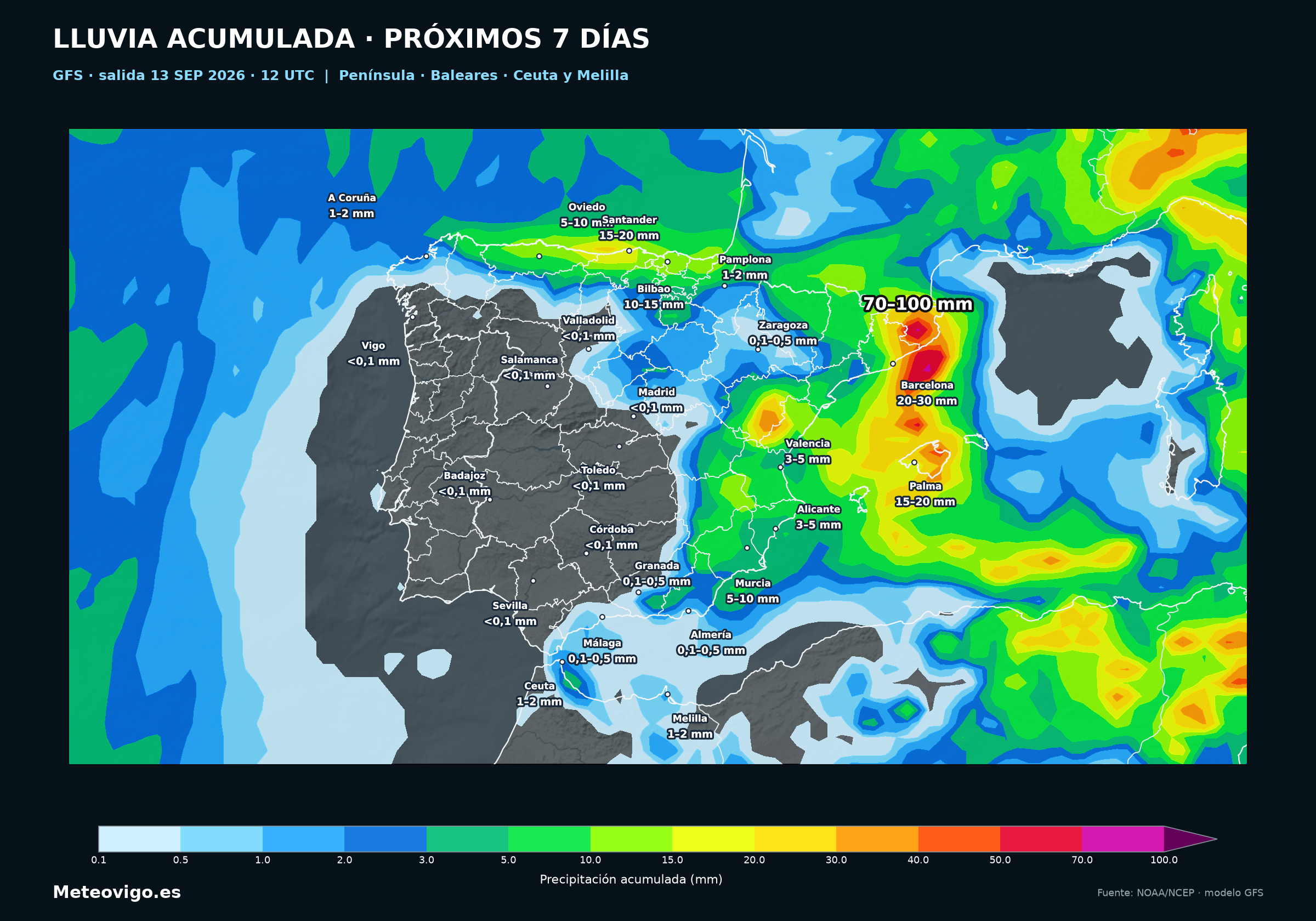 Mapa GFS de la tarde con las lluvias acumuladas en la Península, Baleares, Ceuta y Melilla del 13 al 20 de septiembre de 2026