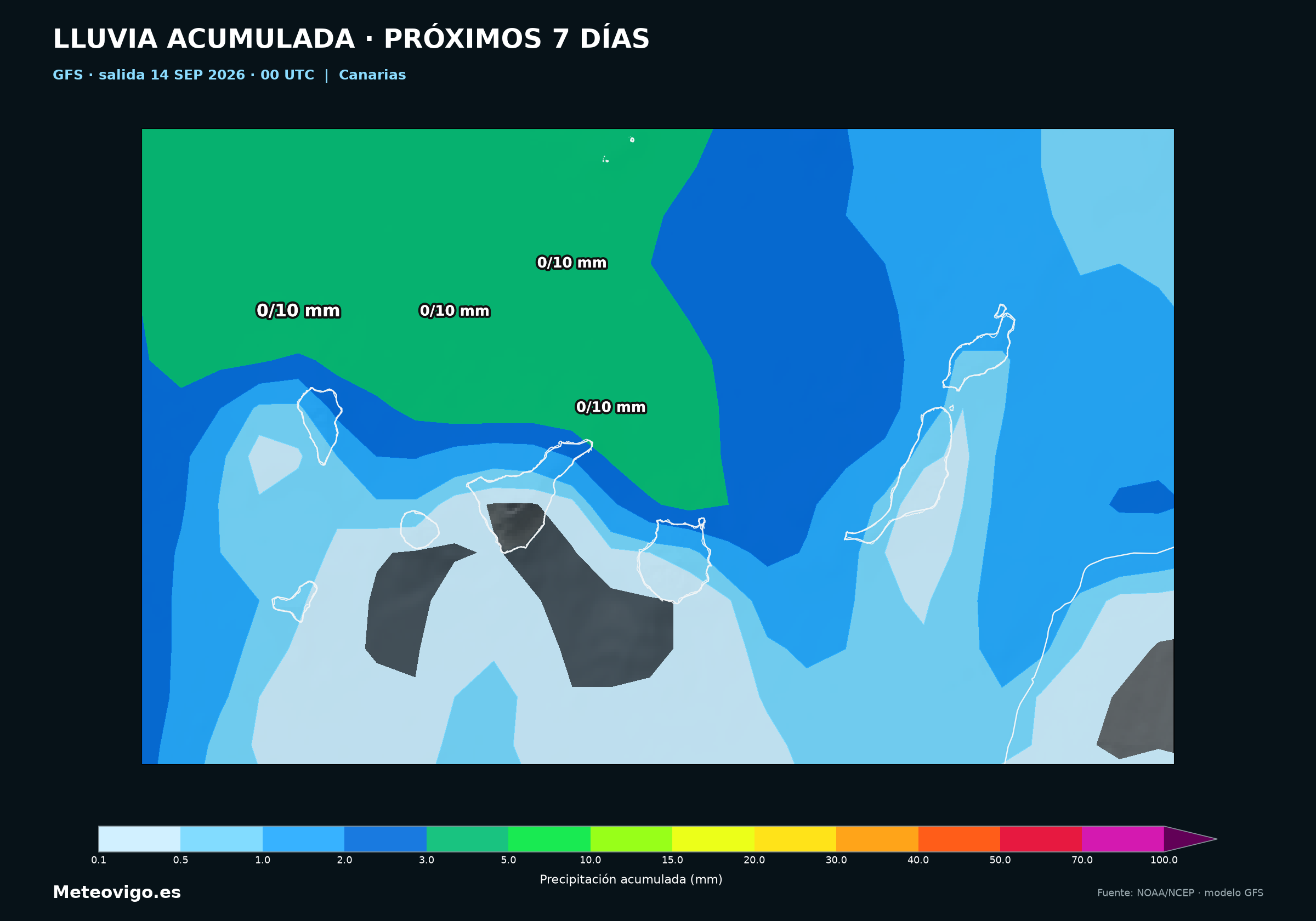 Mapa GFS de lluvias acumuladas durante los pr&oacute;ximos siete d&iacute;as en Canarias
