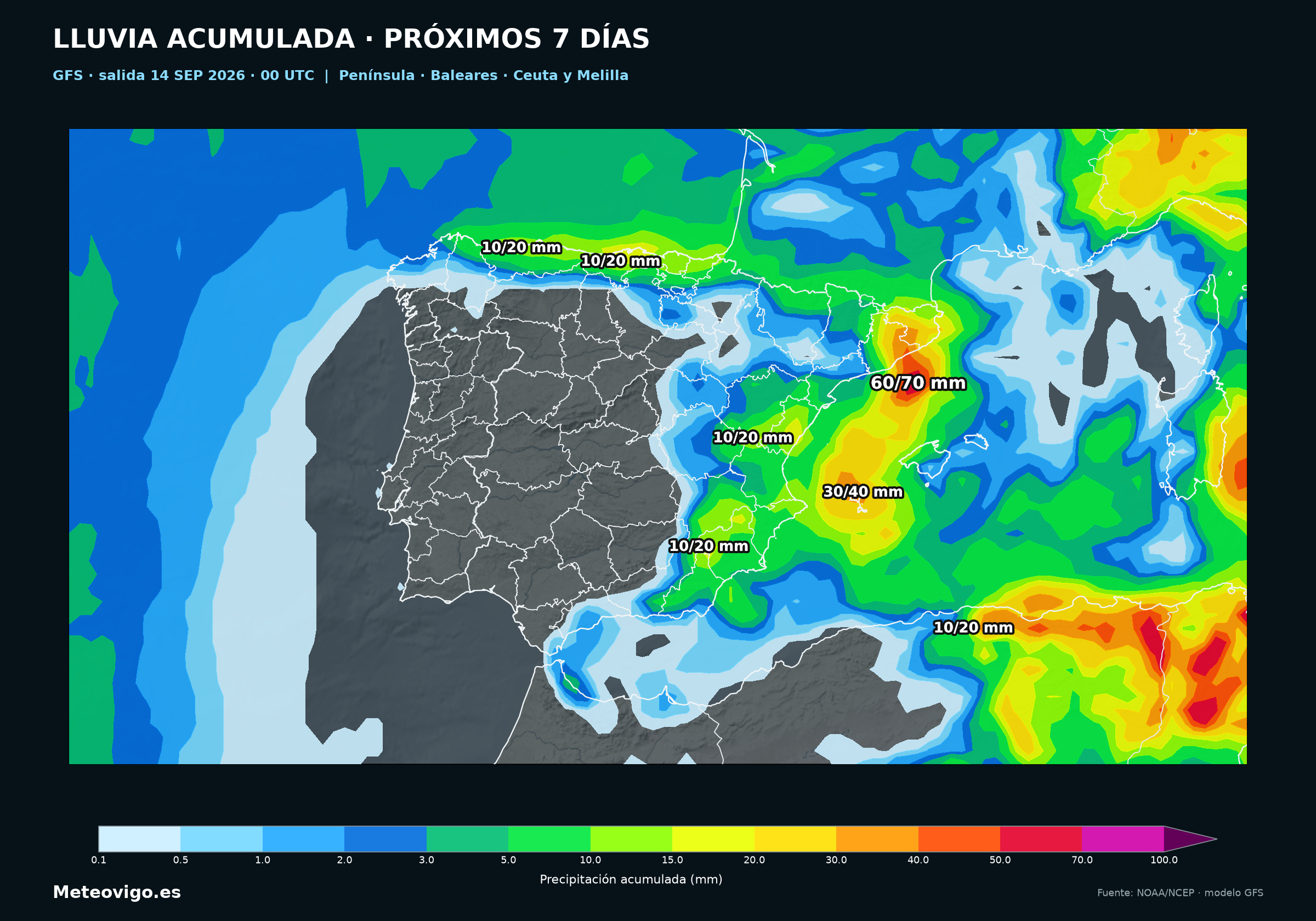 Mapa GFS de lluvias acumuladas en Espa&ntilde;a durante los pr&oacute;ximos siete d&iacute;as, con un m&aacute;ximo de 60 a 70 mm en Catalu&ntilde;a
