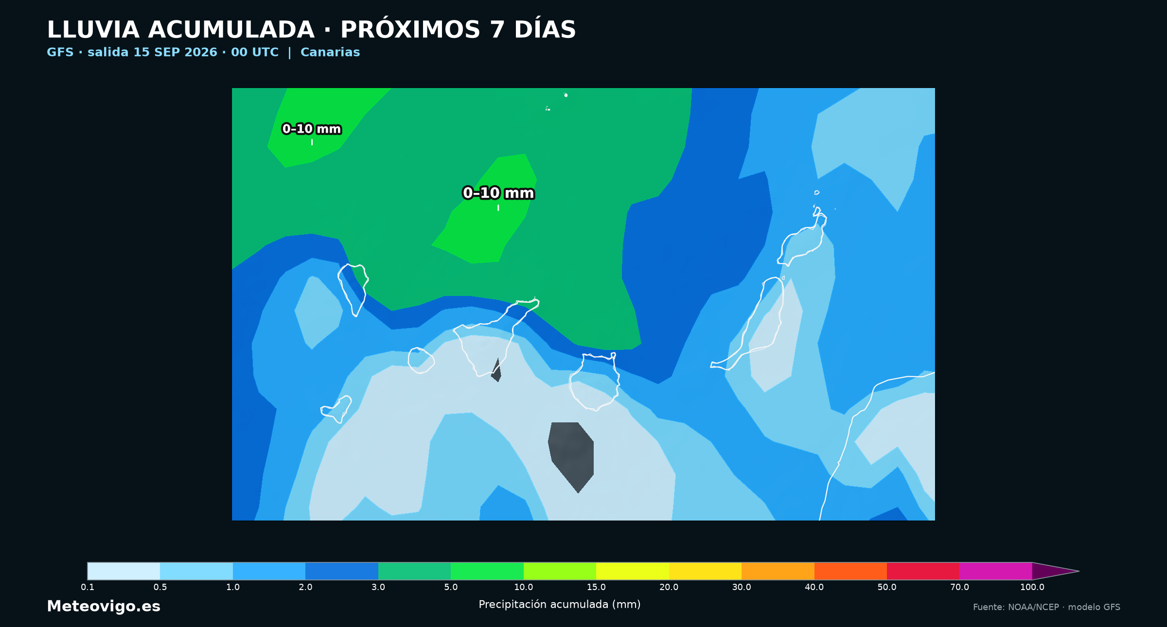 Mapa GFS de lluvias acumuladas durante los próximos siete días en Canarias